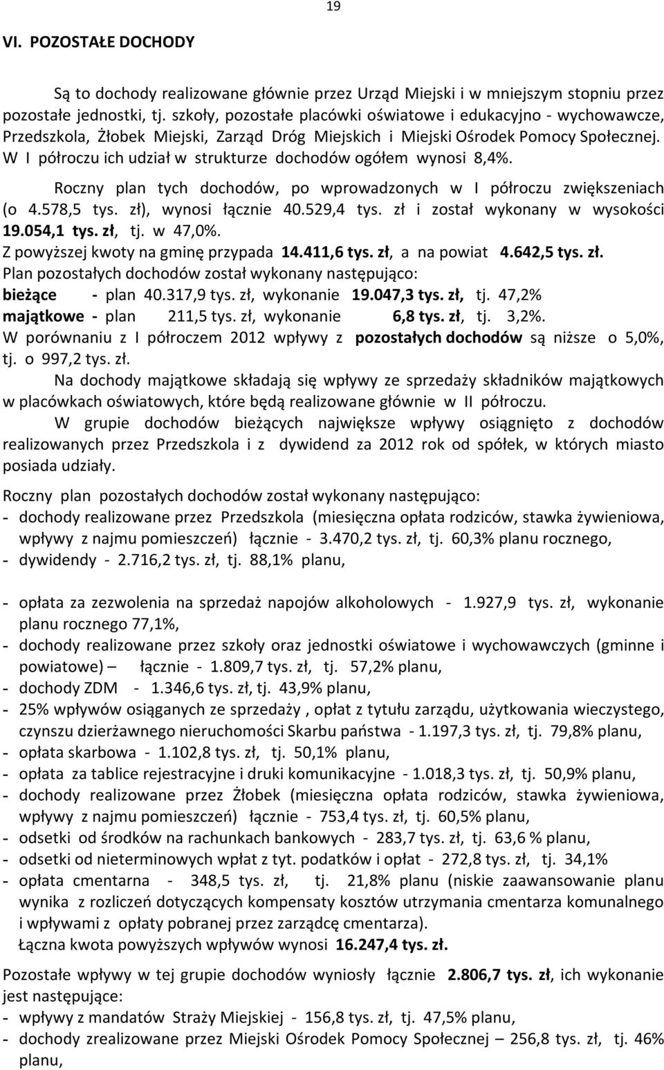 W I półroczu ich udział w strukturze dochodów ogółem wynosi 8,4%. Roczny plan tych dochodów, po wprowadzonych w I półroczu zwiększeniach (o 4.578,5 tys. zł), wynosi łącznie 40.529,4 tys.