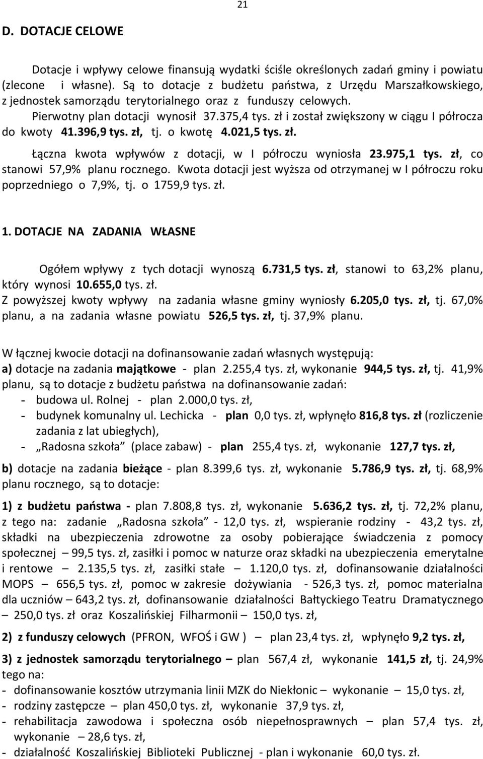 zł i został zwiększony w ciągu I półrocza do kwoty 41.396,9 tys. zł, tj. o kwotę 4.021,5 tys. zł. Łączna kwota wpływów z dotacji, w I półroczu wyniosła 23.975,1 tys.