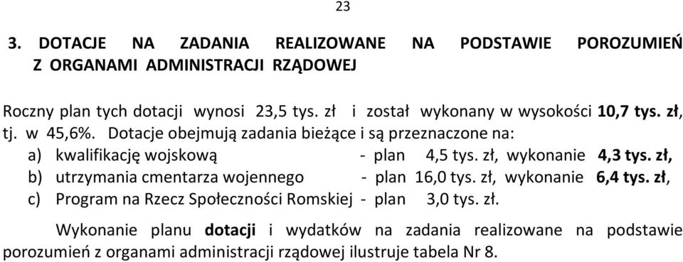 Dotacje obejmują zadania bieżące i są przeznaczone na: a) kwalifikację wojskową - plan 4,5 tys. zł, wykonanie 4,3 tys.