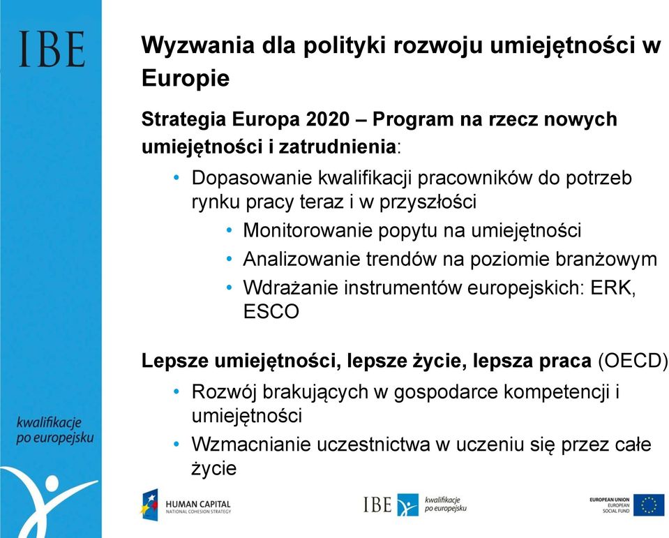 umiejętności Analizowanie trendów na poziomie branżowym Wdrażanie instrumentów europejskich: ERK, ESCO Lepsze umiejętności,