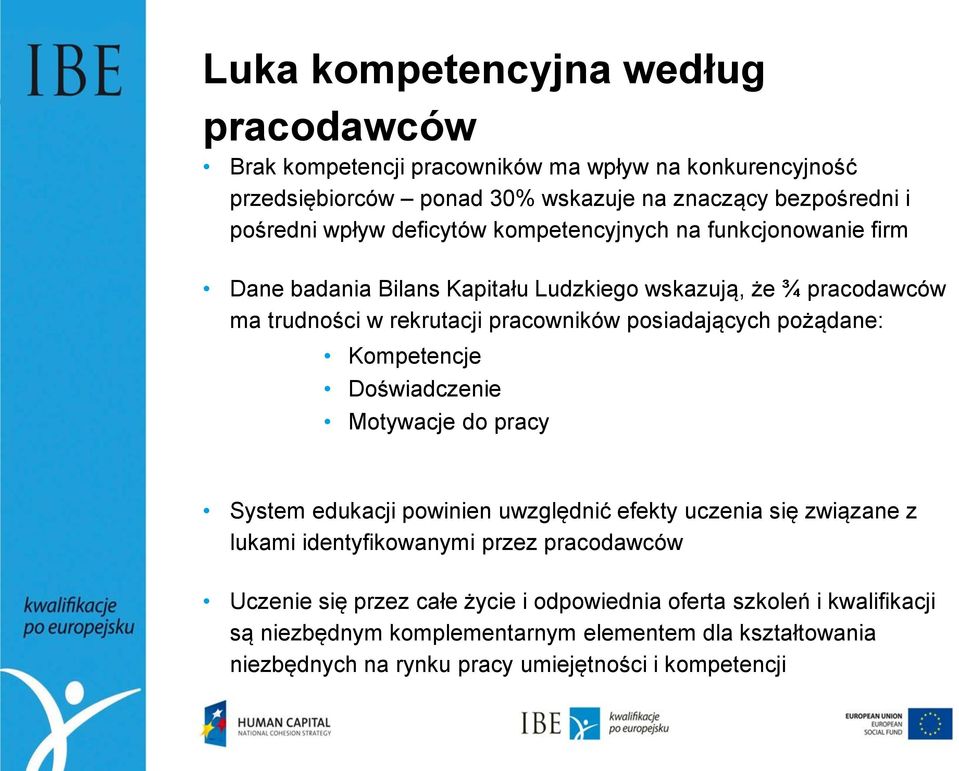 pożądane: Kompetencje Doświadczenie Motywacje do pracy System edukacji powinien uwzględnić efekty uczenia się związane z lukami identyfikowanymi przez pracodawców Uczenie