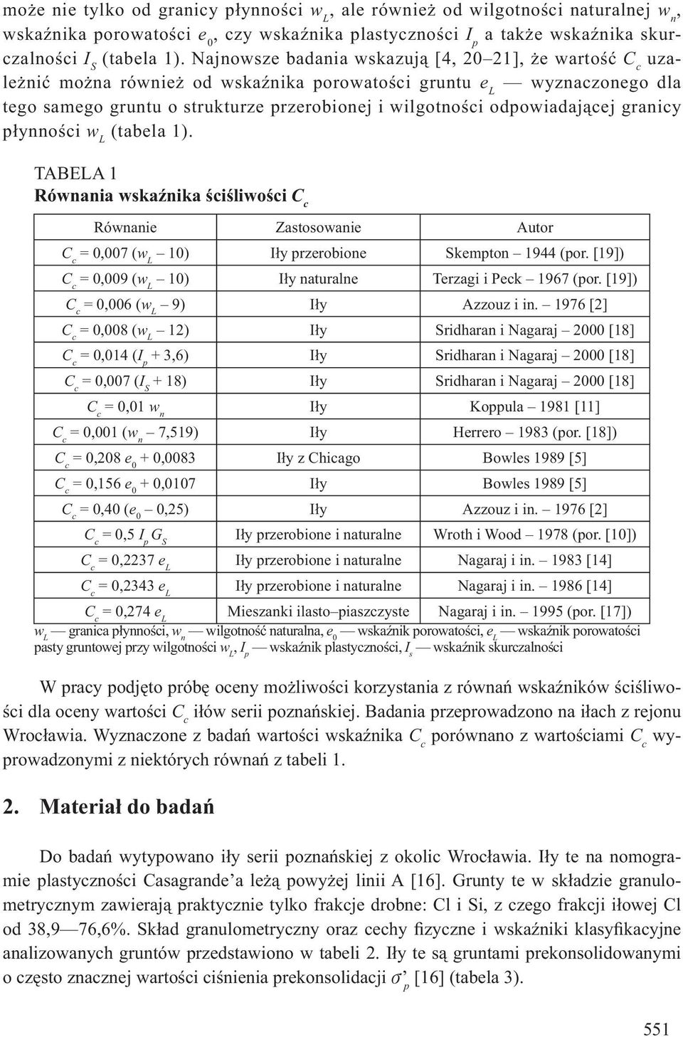 granicy p ynno ci w L (tabela 1). TABELA 1 Równania wska nika ci liwo ci Równanie Zastosowanie Autor = 0,007 (w L 10) I y przerobione Skempton 1944 (por.