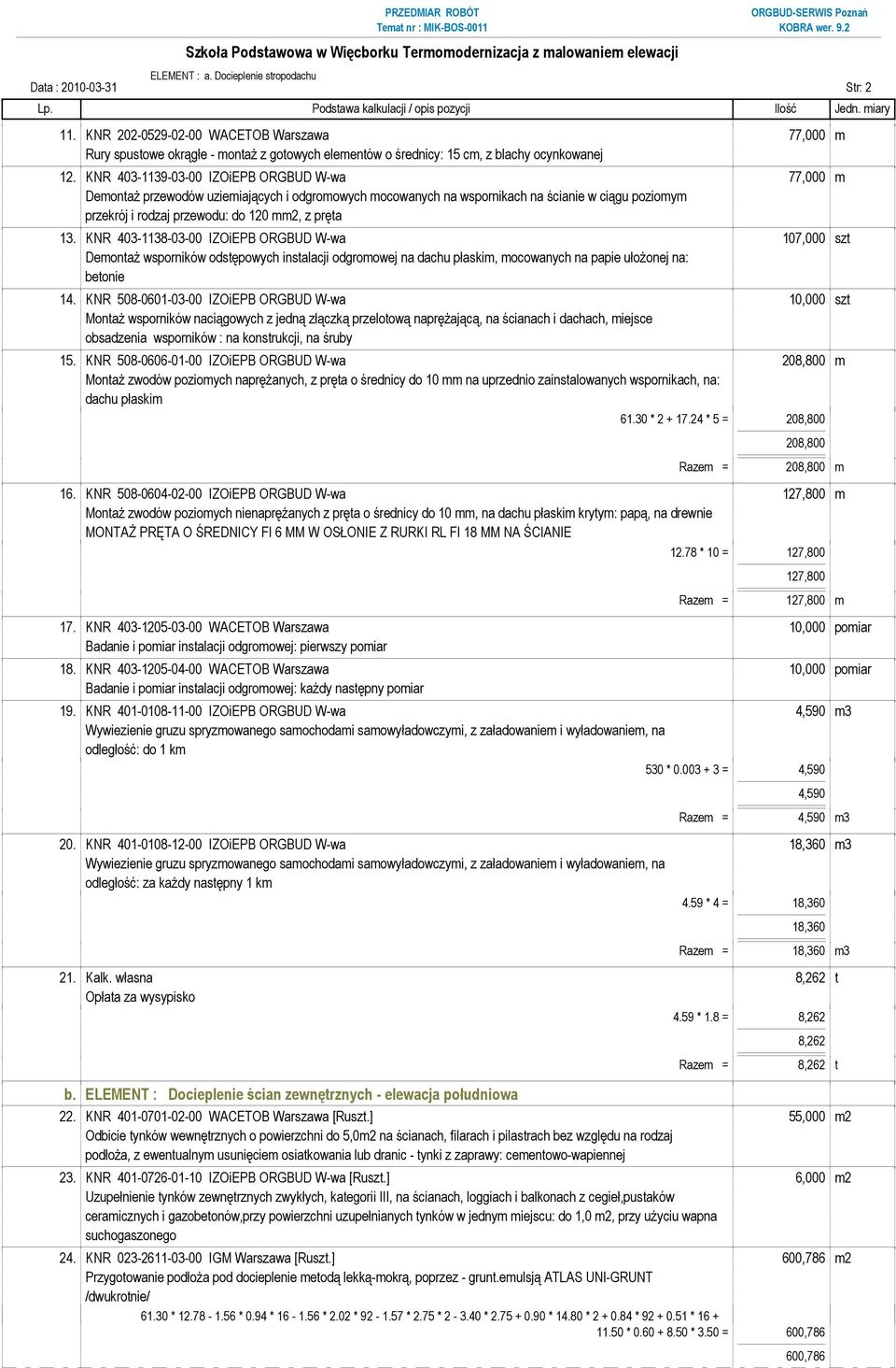 KNR 403-1139-03-00 IZOiEPB ORGBUD W-wa 77,000 m Demontaż przewodów uziemiających i odgromowych mocowanych na wspornikach na ścianie w ciągu poziomym przekrój i rodzaj przewodu: do 120 mm2, z pręta 13.