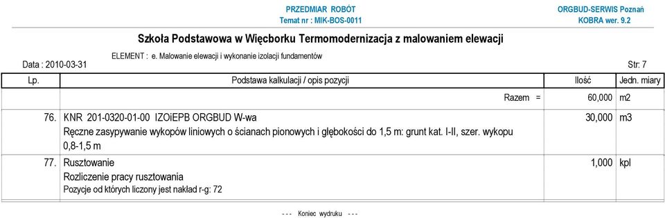 KNR 201-0320-01-00 IZOiEPB ORGBUD W-wa 30,000 m3 Ręczne zasypywanie wykopów liniowych o ścianach