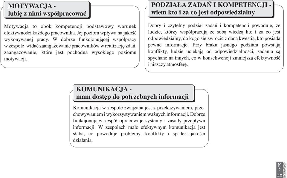 PODZIA A ZADAÑ I KOMPETENCJI - wiem kto i za co jest odpowiedzialny Dobry i czytelny podzia³ zadañ i kompetencji powoduje, e ludzie, którzy wspó³pracuj¹ ze sob¹ wiedz¹ kto i za co jest
