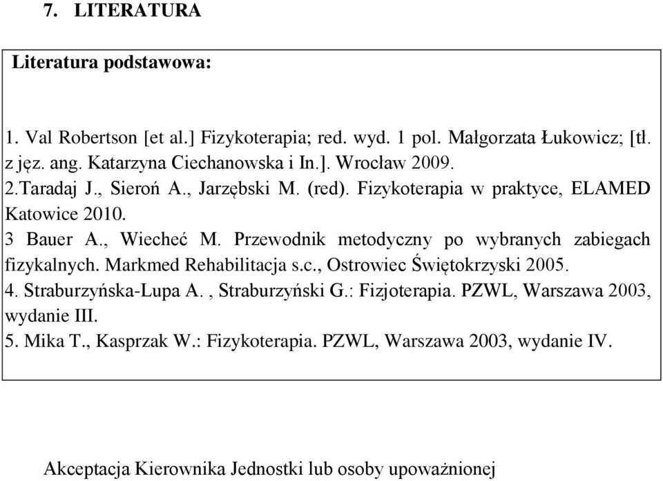 , Wiecheć M. Przewodnik metodyczny po wybranych zabiegach fizykalnych. Markmed Rehabilitacja s.c., Ostrowiec Świętokrzyski 2005. 4. 4. Straburzyńska-Lupa A.