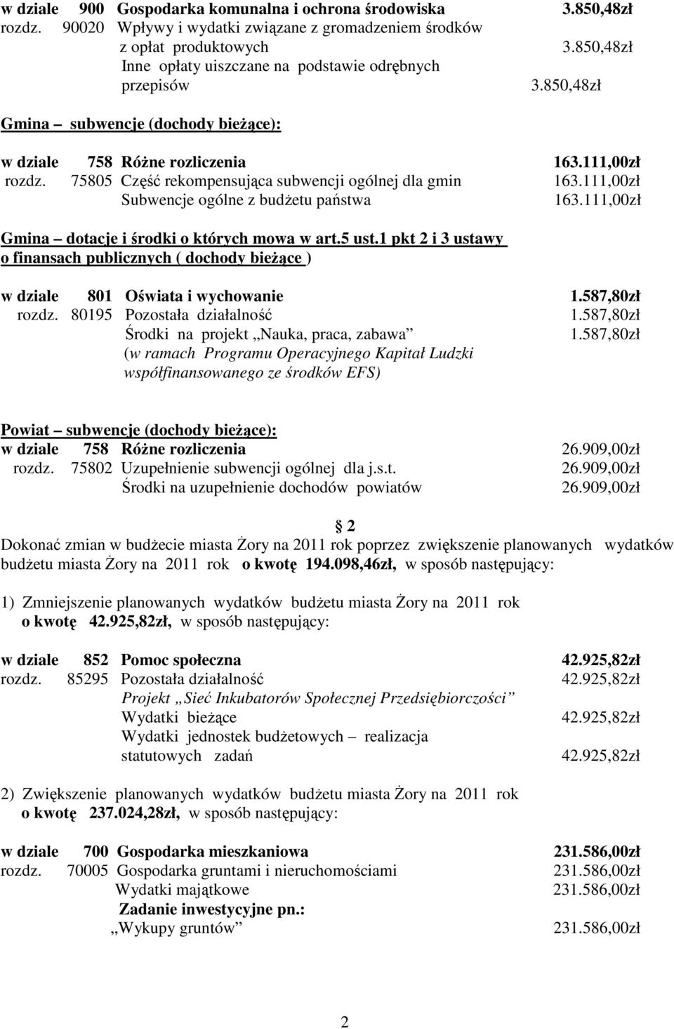 163.111,00zł rozdz. 75805 Część rekompensująca subwencji ogólnej dla gmin 163.111,00zł Subwencje ogólne z budŝetu państwa 163.111,00zł Gmina dotacje i środki o których mowa w art.5 ust.