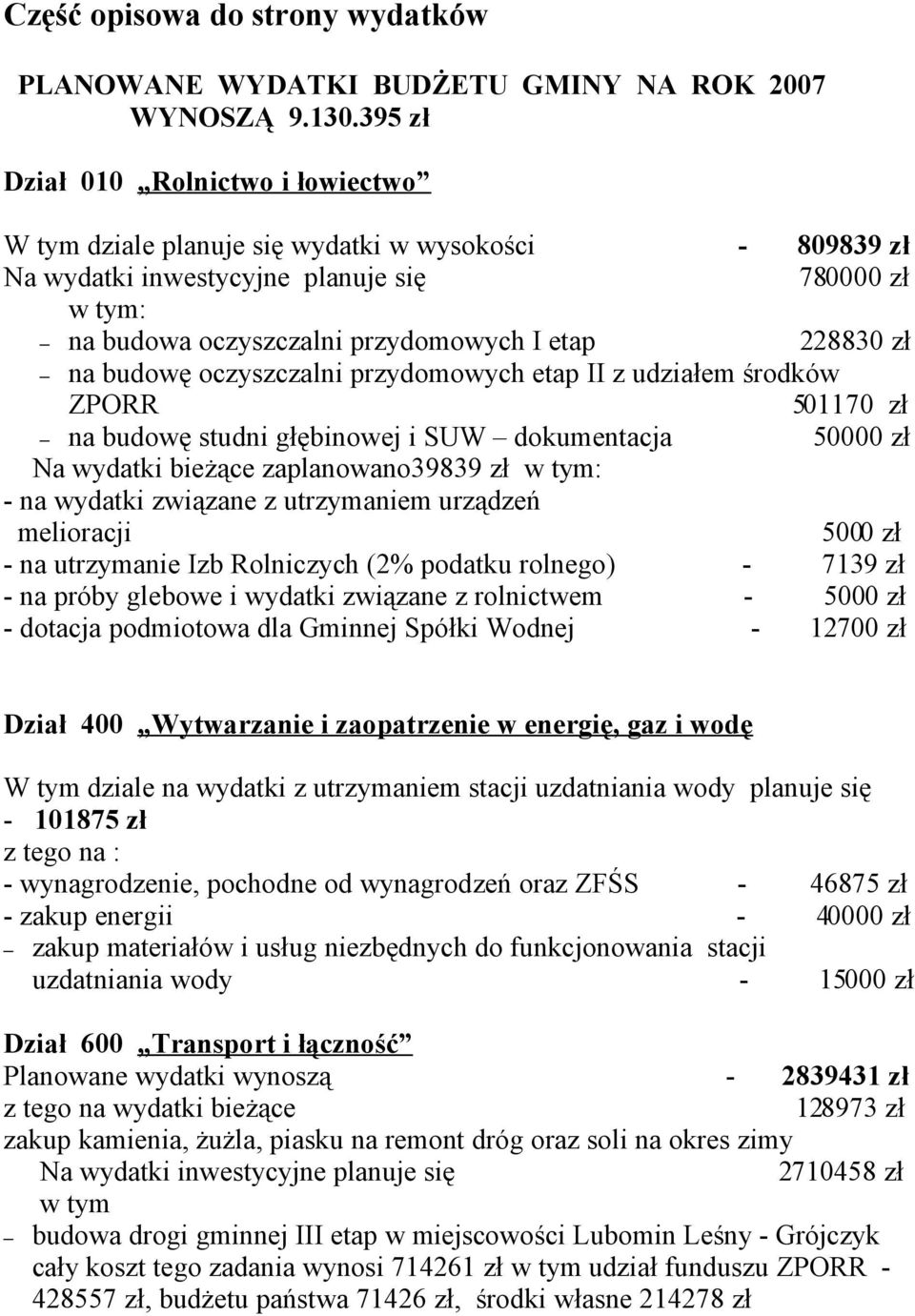 zł na budowę oczyszczalni przydomowych etap II z udziałem środków ZPORR 501170 zł na budowę studni głębinowej i SUW dokumentacja 50000 zł Na wydatki bieżące zaplanowano39839 zł w tym: - na wydatki