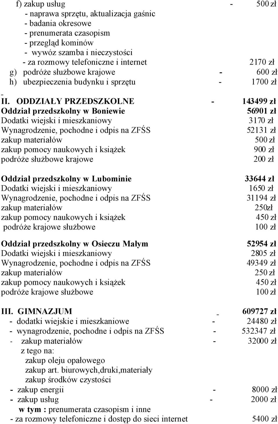 ODDZIAŁY PRZEDSZKOLNE - 143499 zł Oddział przedszkolny w Boniewie 56901 zł Dodatki wiejski i mieszkaniowy 3170 zł Wynagrodzenie, pochodne i odpis na ZFŚS 52131 zł zakup materiałów 500 zł zakup pomocy