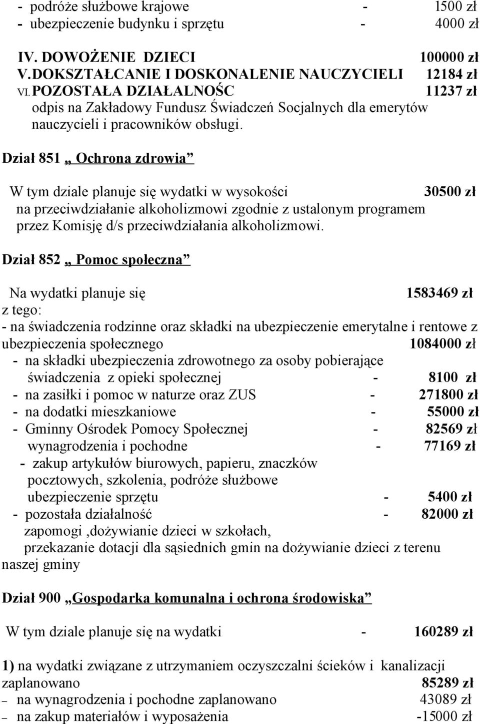 Dział 851 Ochrona zdrowia W tym dziale planuje się wydatki w wysokości 30500 zł na przeciwdziałanie alkoholizmowi zgodnie z ustalonym programem przez Komisję d/s przeciwdziałania alkoholizmowi.