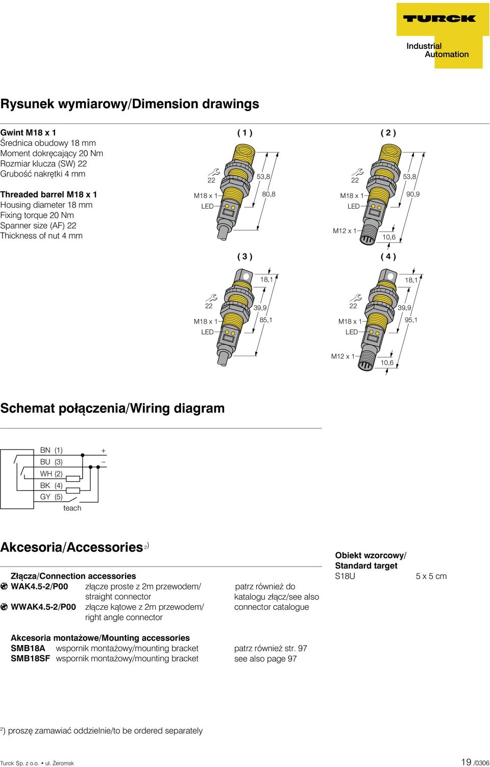 5-2/P00 złącze proste z 2m przewodem/ straight connector WWAK4.