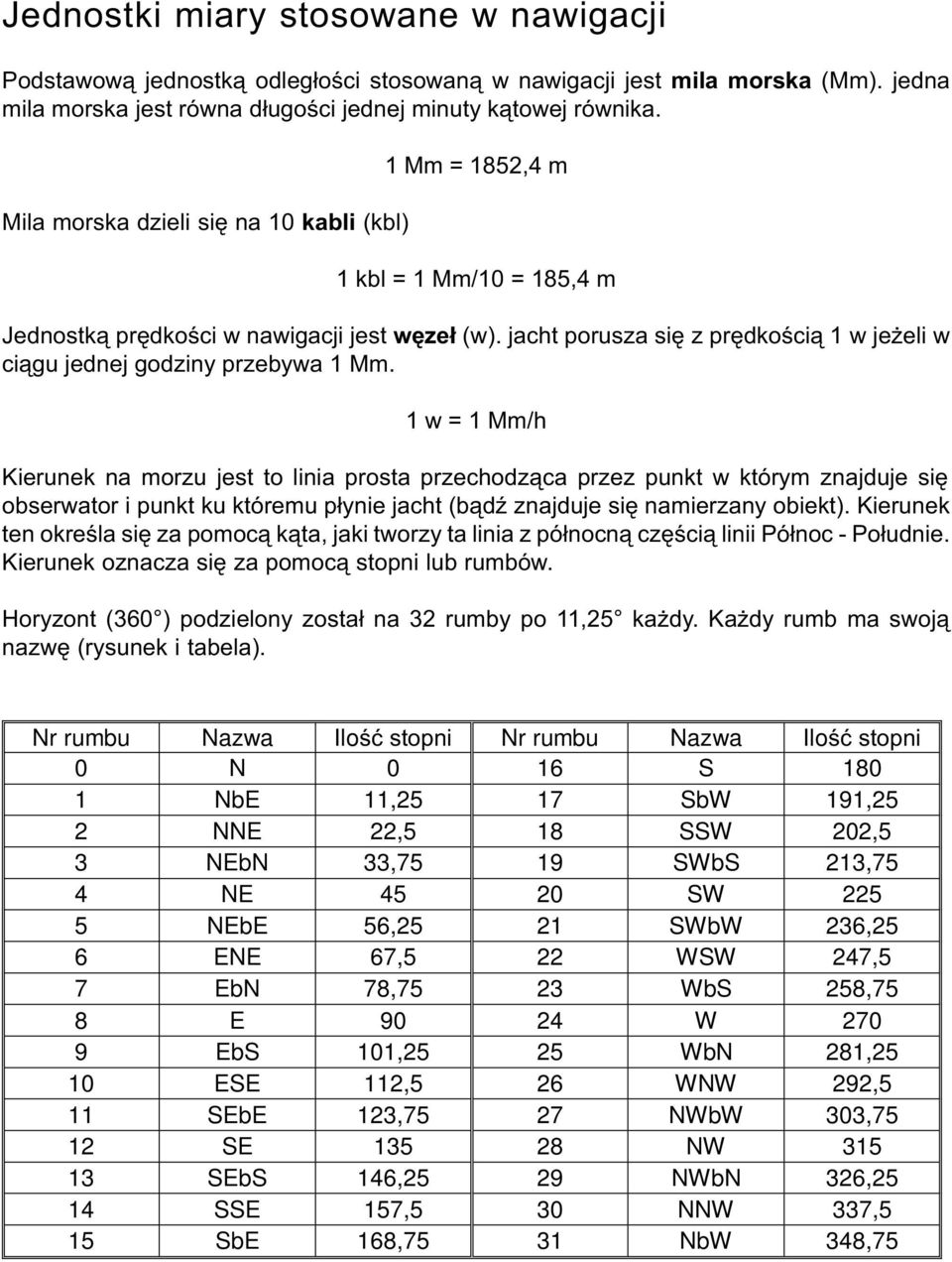 jacht porusza siê z prêdkoœci¹ 1 w je eli w ci¹gu jednej godziny przebywa 1 Mm.
