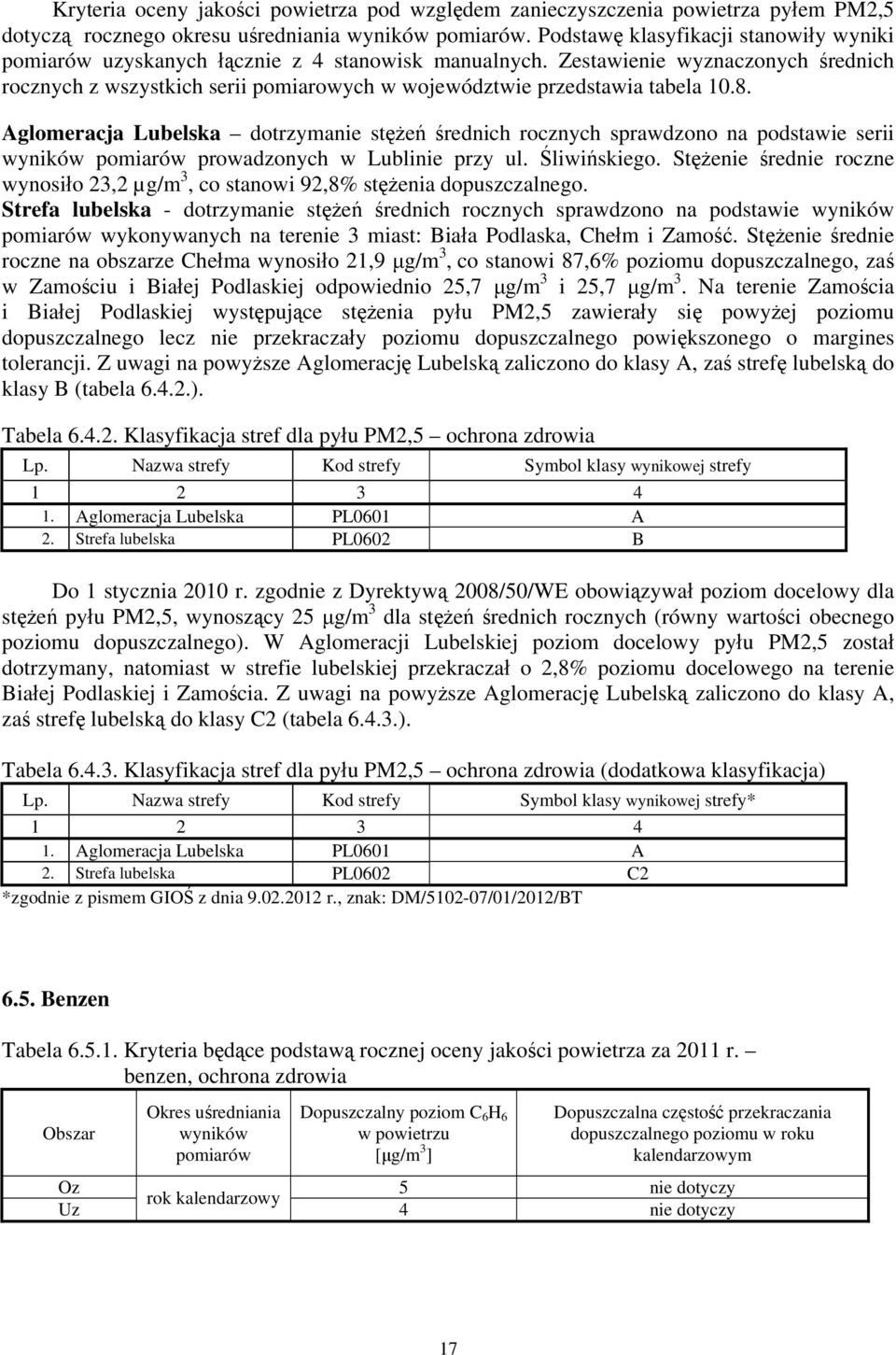 Zestawienie wyznaczonych średnich rocznych z wszystkich serii pomiarowych w województwie przedstawia tabela 10.8.