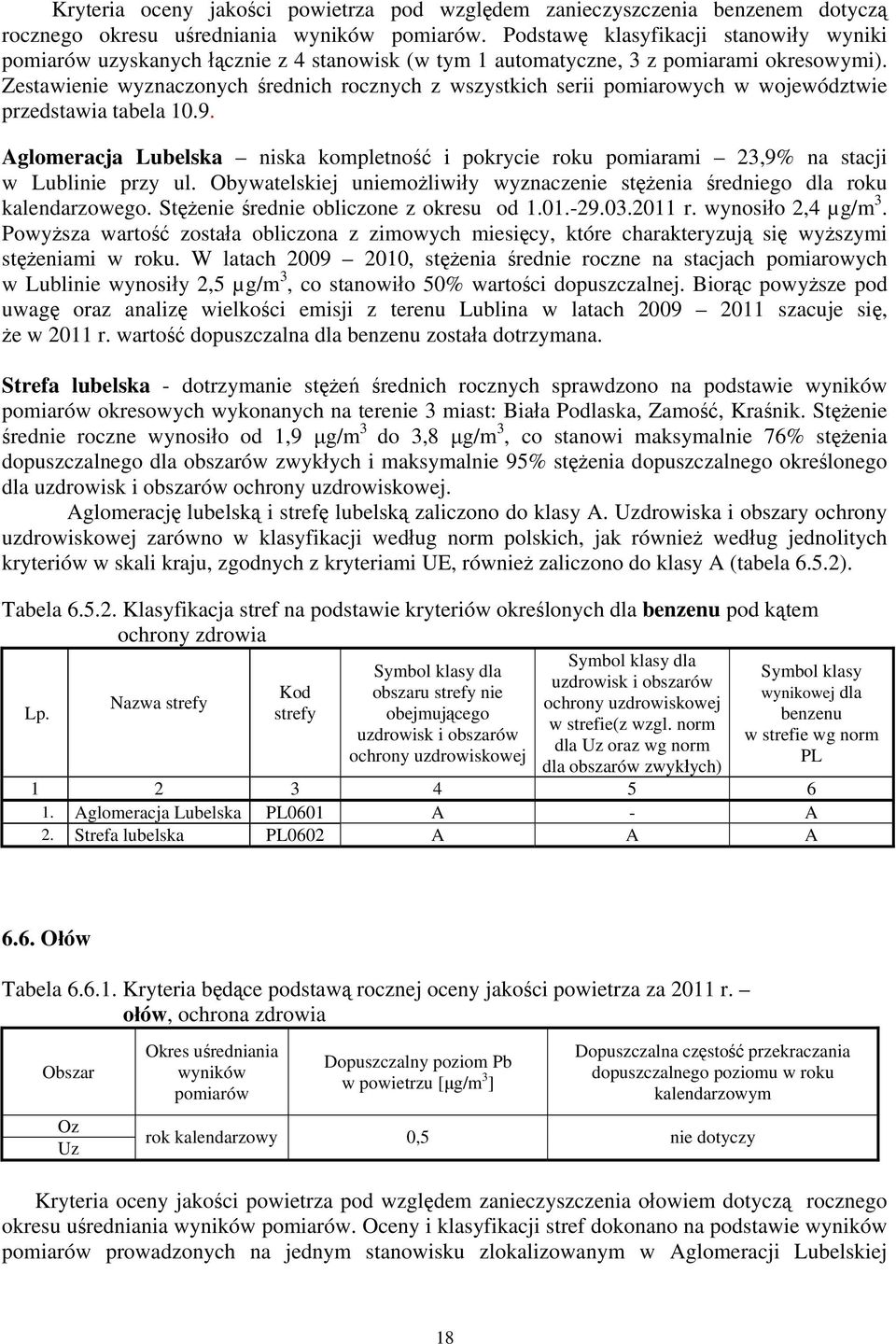 Zestawienie wyznaczonych średnich rocznych z wszystkich serii pomiarowych w województwie przedstawia tabela 10.9.