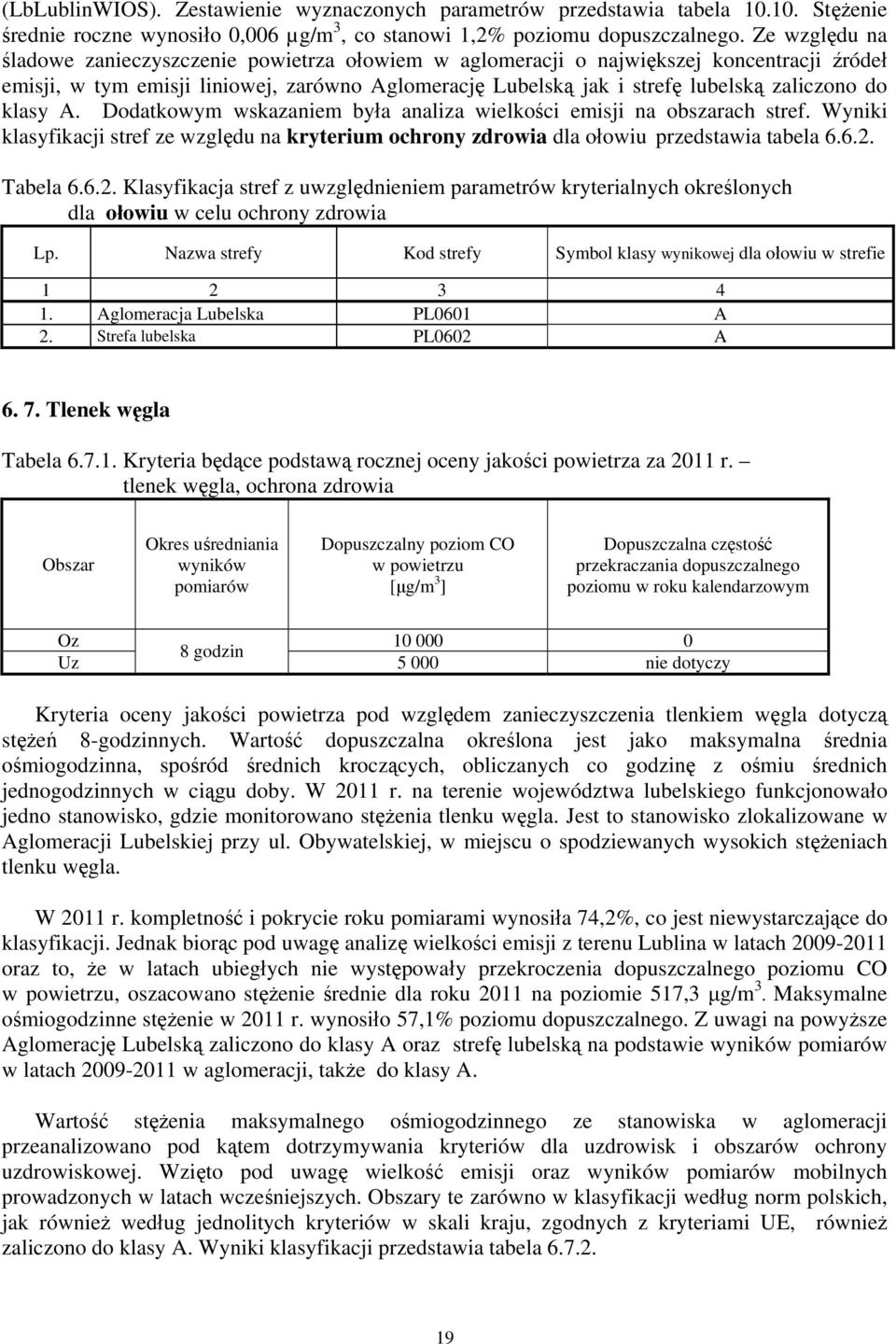 klasy A. Dodatkowym wskazaniem była analiza wielkości emisji na obszarach stref. Wyniki klasyfikacji stref ze względu na kryterium ochrony zdrowia dla ołowiu przedstawia tabela 6.6.2.
