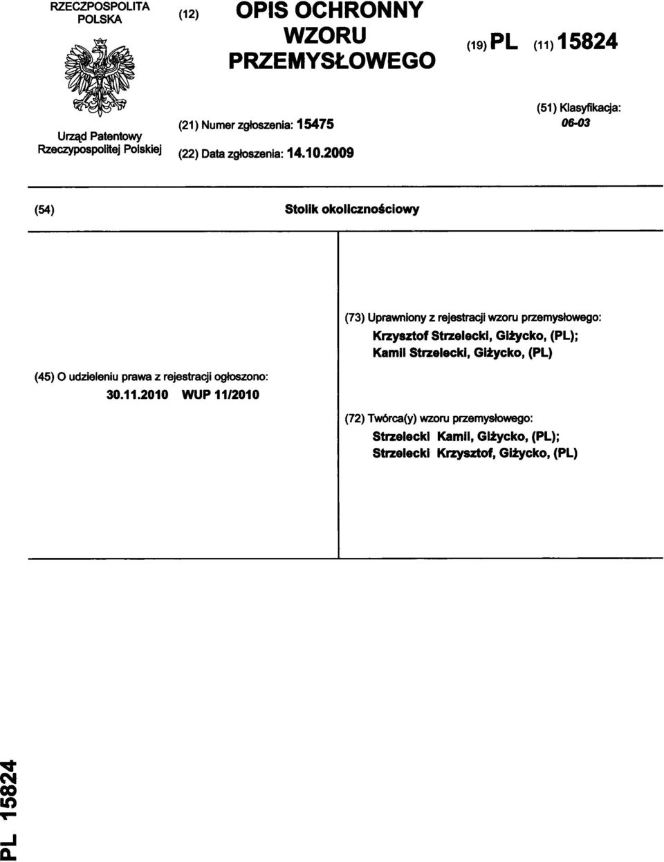 2009 (51) Klasyfikacja: 06-03 (54) Stolik okolicznościowy (45) O udzieleniu prawa z rejestracji ogłoszono: 30.11.