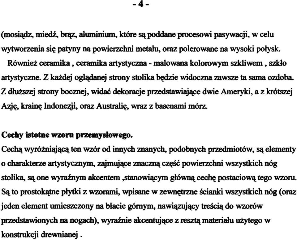 Z dłuższej strony bocznej, widać dekoracje przedstawiające dwie Ameryki, a z krótszej Azję, krainę Indonezji, oraz Australię, wraz z basenami mórz. Cechy istotne wzoru przemysłowego.