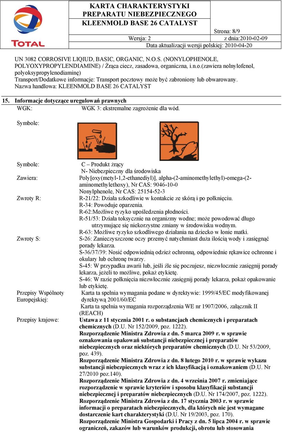 Symbole: Symbole: Zawiera: Zwroty R: Zwroty S: Przepisy Wspólnoty Europejskiej: Przepisy krajowe: C Produkt żrący N- Niebezpieczny dla środowiska Poly[oxy(metyl-1,2-ethanediyl)],