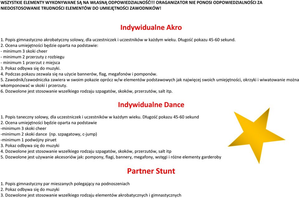 Ocena umiejętności będzie oparta na podstawie: - minimum 3 skoki cheer - minimum 2 przerzuty z rozbiegu - minimum 1 przerzut z miejsca 3. Pokaz odbywa się do muzyki. 4.