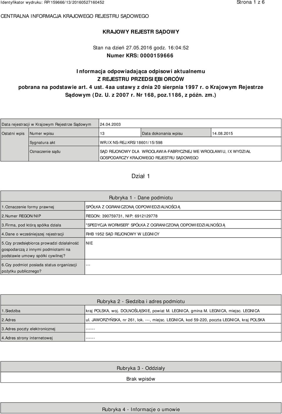 o Krajowym Rejestrze Sądowym (Dz. U. z 2007 r. Nr 168, poz.1186, z późn. zm.) Data rejestracji w Krajowym Rejestrze Sądowym 24.04.2003 Ostatni wpis Numer wpisu 13 Data dokonania wpisu 14.08.