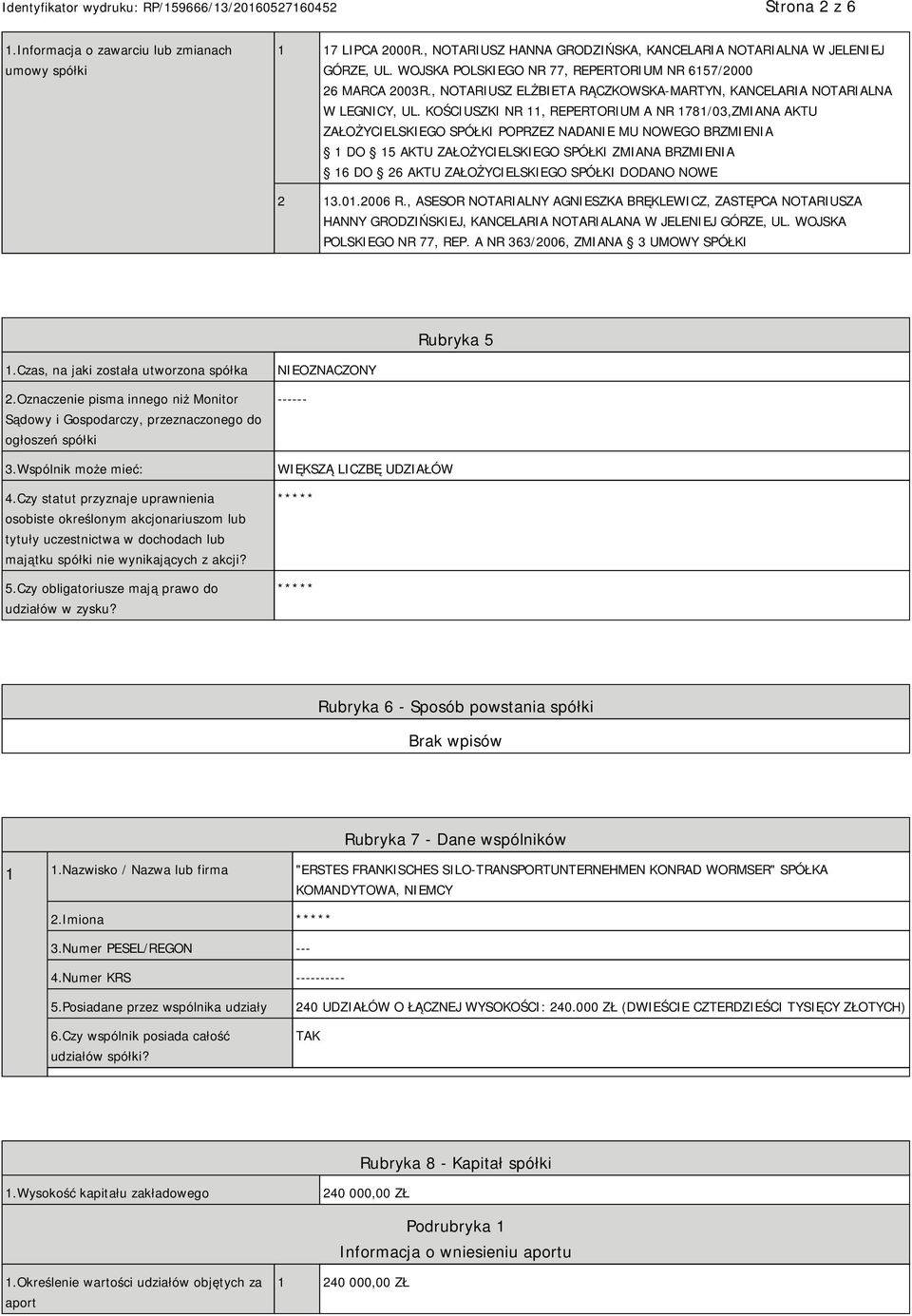 KOŚCIUSZKI NR 11, REPERTORIUM A NR 1781/03,ZMIANA AKTU ZAŁOŻYCIELSKIEGO SPÓŁKI POPRZEZ NADANIE MU NOWEGO BRZMIENIA 1 DO 15 AKTU ZAŁOŻYCIELSKIEGO SPÓŁKI ZMIANA BRZMIENIA 16 DO 26 AKTU ZAŁOŻYCIELSKIEGO