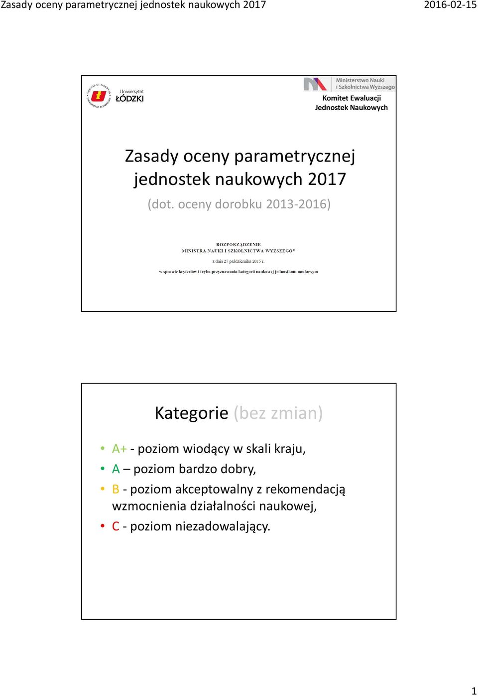 oceny dorobku 2013-2016) Kategorie (bez zmian) A+ - poziom wiodący w skali
