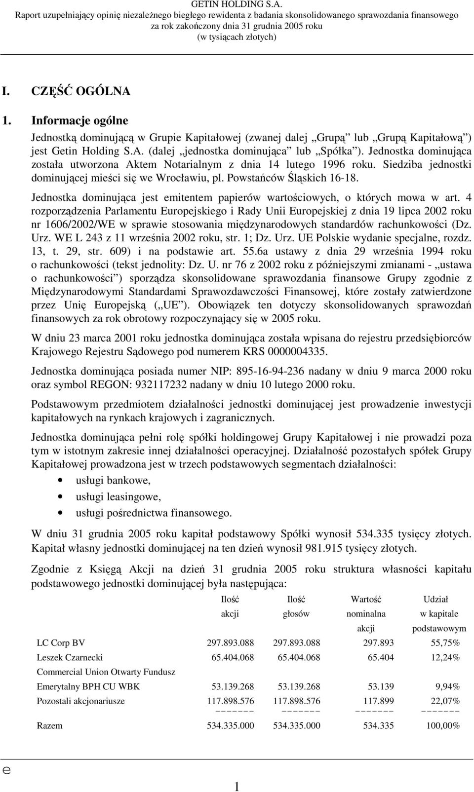 Jdnostka dominująca została utworzona Aktm Notarialnym z dnia 14 lutgo 1996 roku. Sidziba jdnostki dominującj miści się w Wrocławiu, pl. Powstańców Śląskich 16-18.