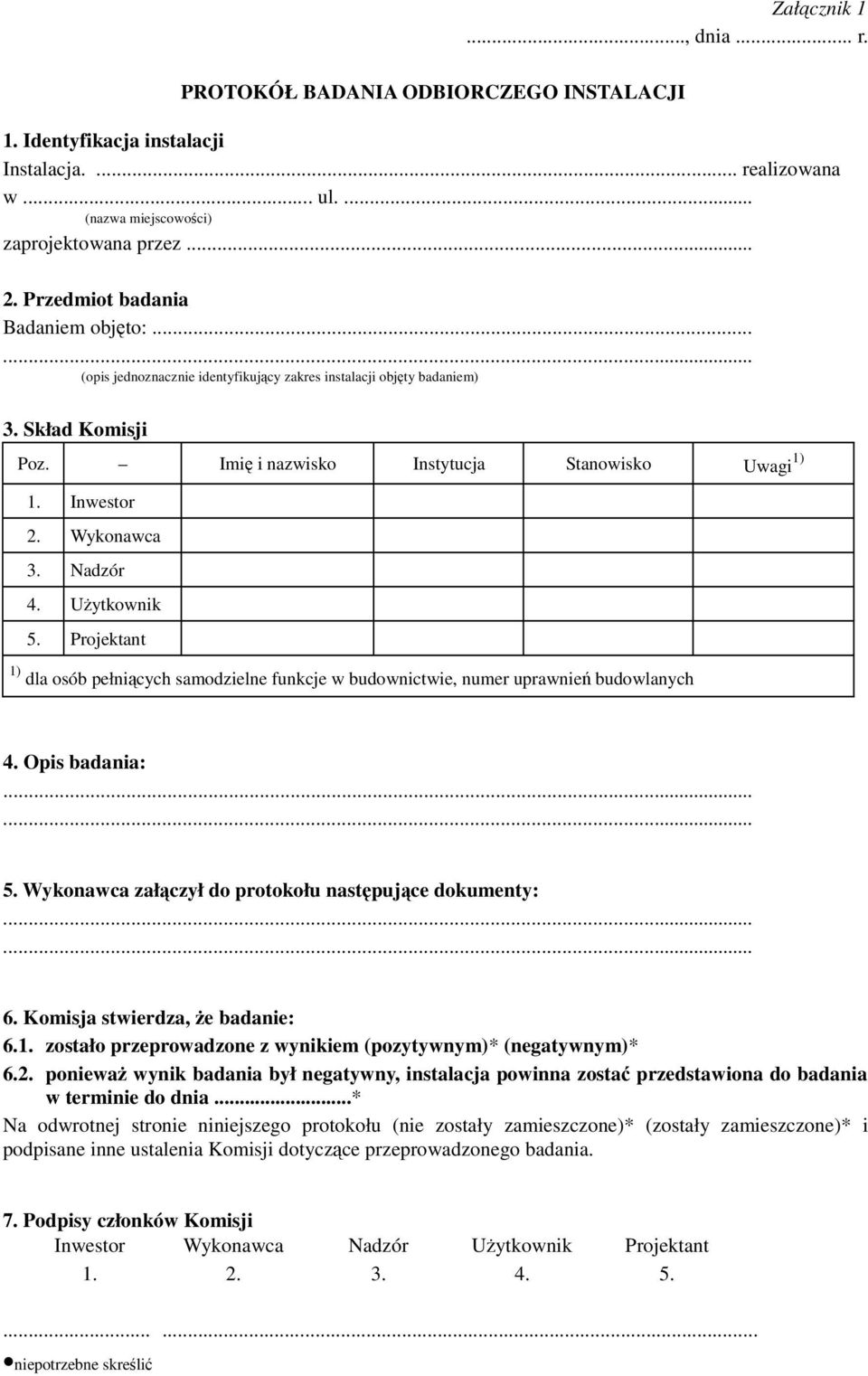 Wykonawca 3. Nadzór 4. Uytkownik 5. Projektant 1) dla osób pełnicych samodzielne funkcje w budownictwie, numer uprawnie budowlanych 4. Opis badania:...... 5. Wykonawca załczył do protokołu nastpujce dokumenty:.