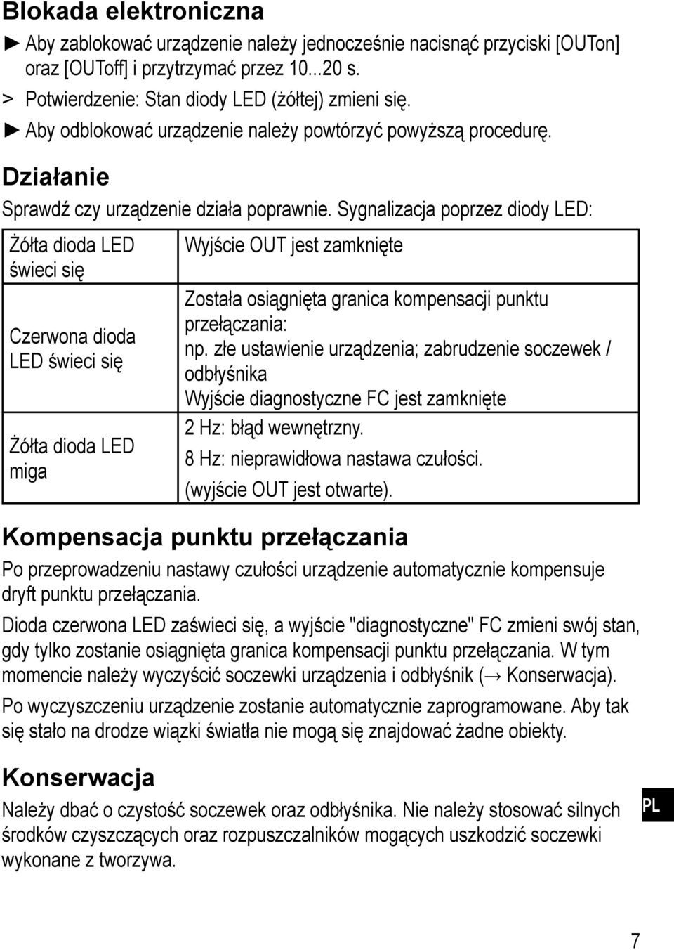 Sygnalizacja poprzez diody LED: Żółta dioda LED świeci się Czerwona dioda LED świeci się Żółta dioda LED miga Wyjście OUT jest zamknięte Została osiągnięta granica kompensacji punktu przełączania: np.