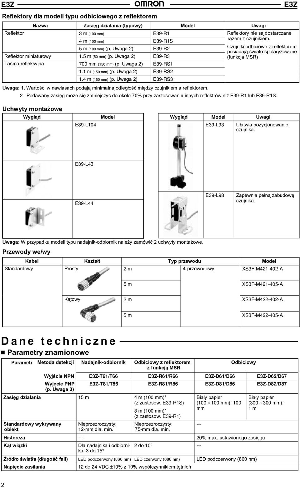 Uwaga 2) E39-R3 (funkcja MSR) Taœma refleksyjna 700 mm (150 mm) (p. Uwaga 2) E39-RS1 1.1 m (150 mm) (p. Uwaga 2) E39-RS2 1.4 m (150 mm) (p. Uwaga 2) E39-RS3 Uwaga: 1.