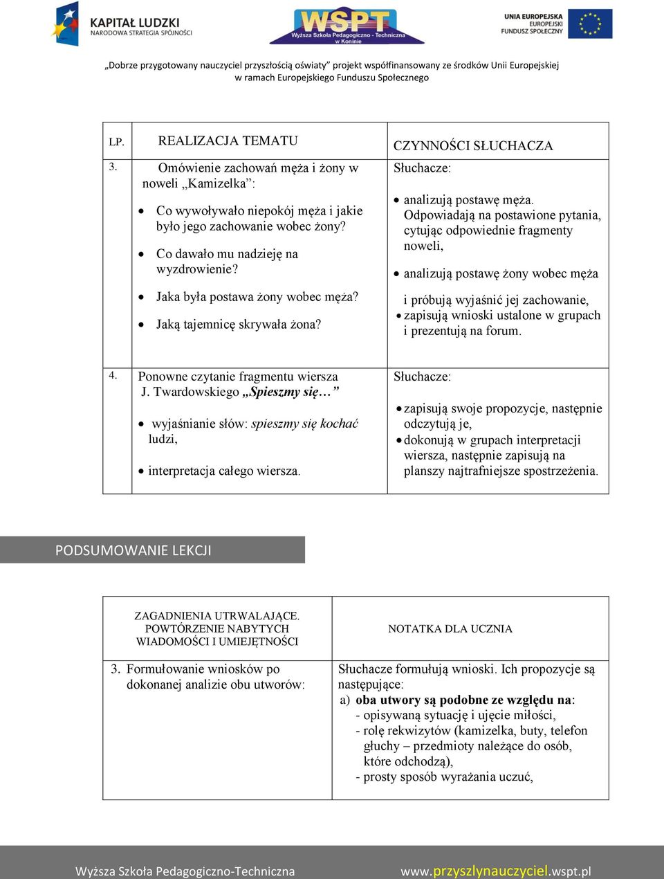 Odpowiadają na postawione pytania, cytując odpowiednie fragmenty noweli, analizują postawę żony wobec męża i próbują wyjaśnić jej zachowanie, zapisują wnioski ustalone w grupach i prezentują na forum.