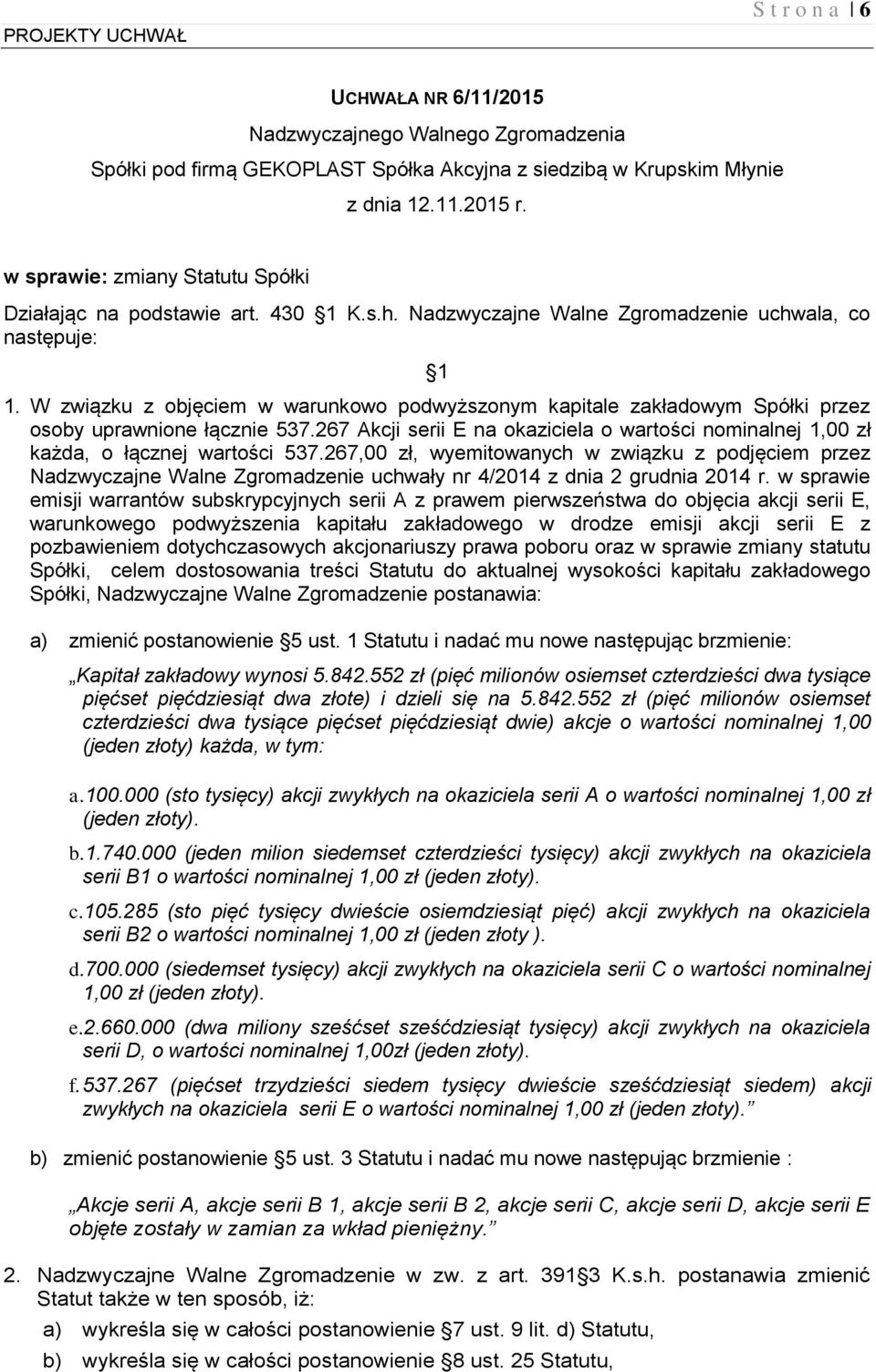 267,00 zł, wyemitowanych w związku z podjęciem przez Nadzwyczajne Walne Zgromadzenie uchwały nr 4/2014 z dnia 2 grudnia 2014 r.