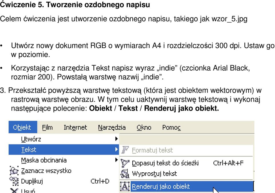Korzystając z narzędzia Tekst napisz wyraz indie (czcionka Arial Black, rozmiar 200). Powstałą warstwę nazwij indie. 3.
