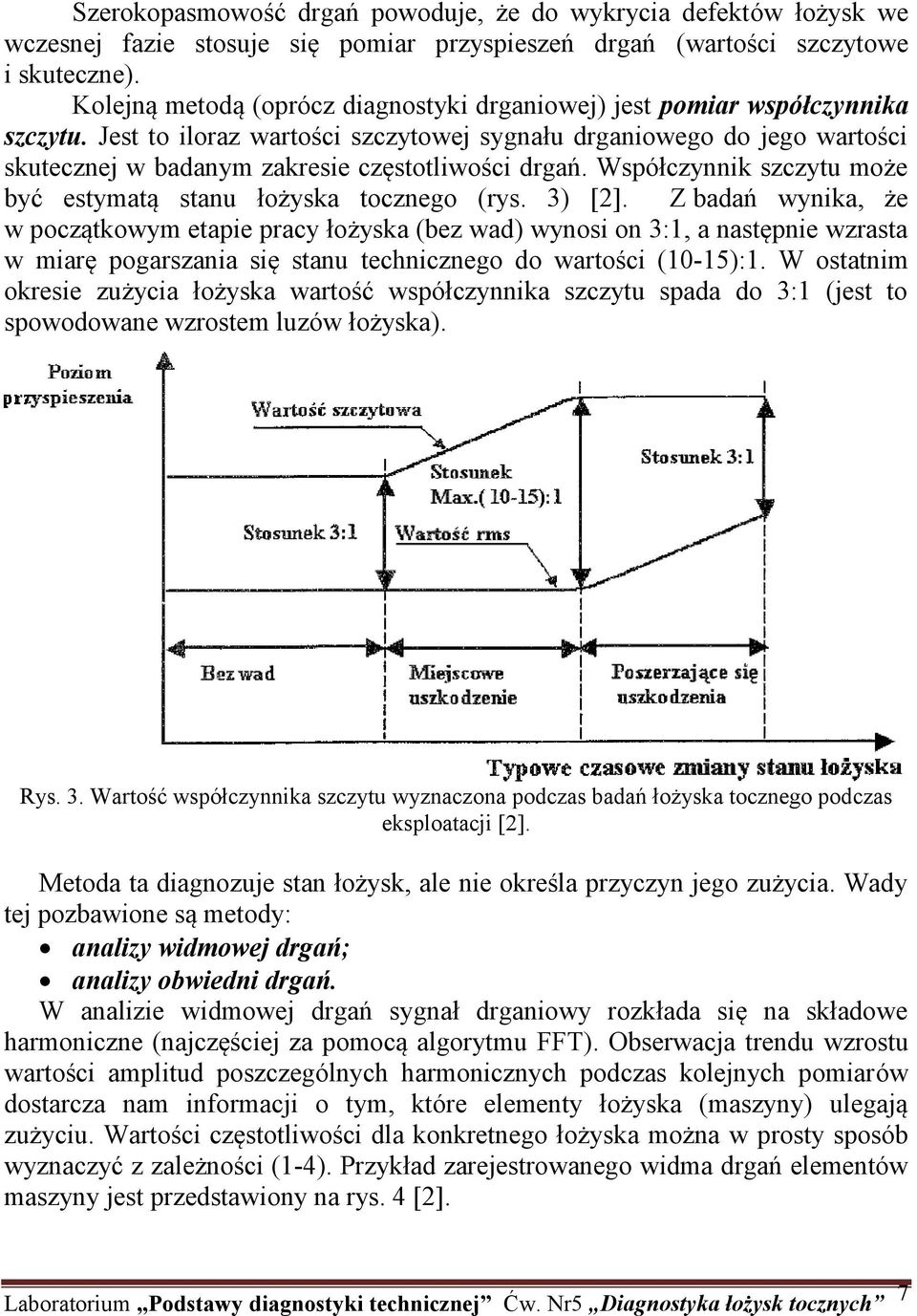 Jest to iloraz wartości szczytowej sygnału drganiowego do jego wartości skutecznej w badanym zakresie częstotliwości drgań. Współczynnik szczytu może być estymatą stanu łożyska tocznego (rys. 3) [2].