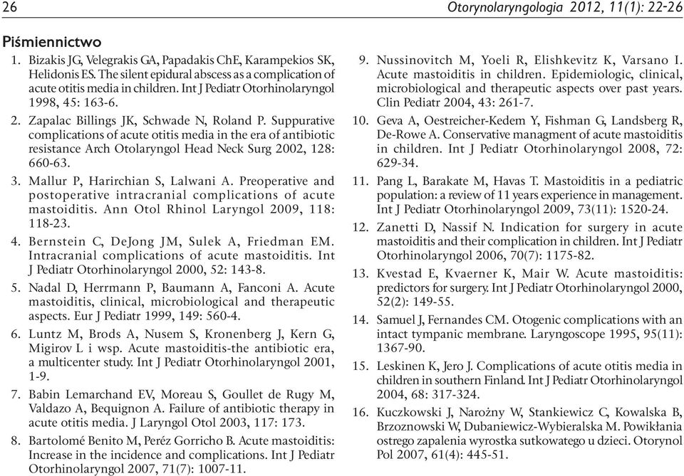 Suppurative complications of acute otitis media in the era of antibiotic resistance Arch Otolaryngol Head Neck Surg 2002, 128: 660-63. 3. Mallur P, Harirchian S, Lalwani A.