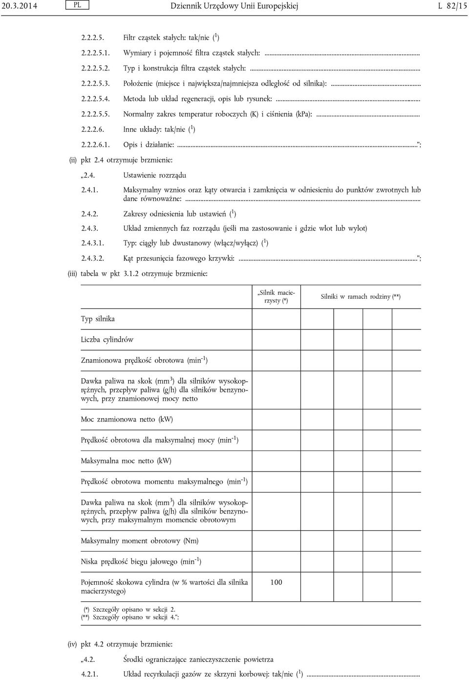 .. 2.2.2.6. Inne układy: tak/nie ( 1 ) 2.2.2.6.1. Opis i działanie:... ; (ii) pkt 2.4 otrzymuje brzmienie: 2.4. Ustawienie rozrządu 2.4.1. Maksymalny wznios oraz kąty otwarcia i zamknięcia w odniesieniu do punktów zwrotnych lub dane równoważne:.