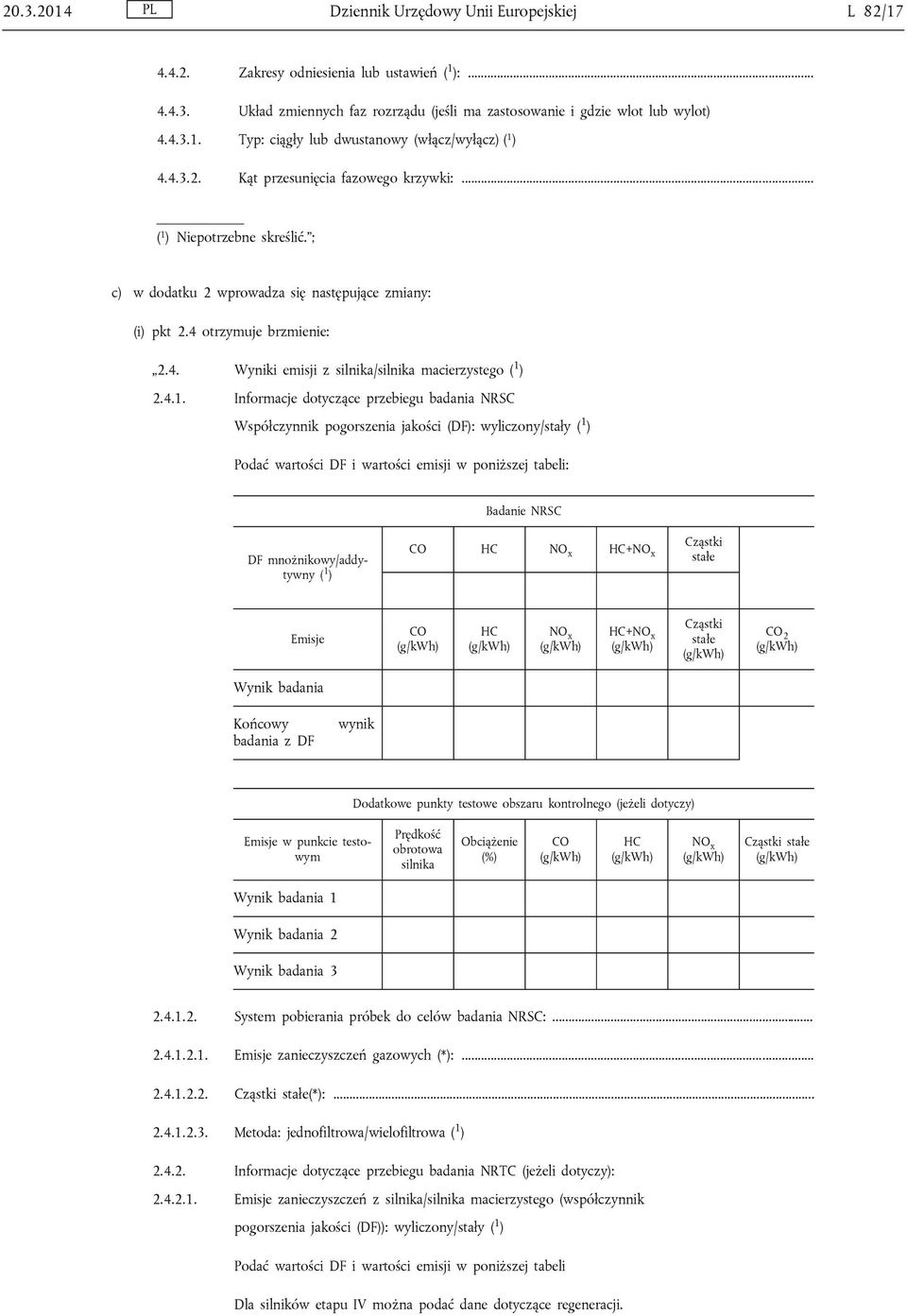 4.1. Informacje dotyczące przebiegu badania NRSC Współczynnik pogorszenia jakości (DF): wyliczony/stały ( 1 ) Podać wartości DF i wartości emisji w poniższej tabeli: Badanie NRSC DF