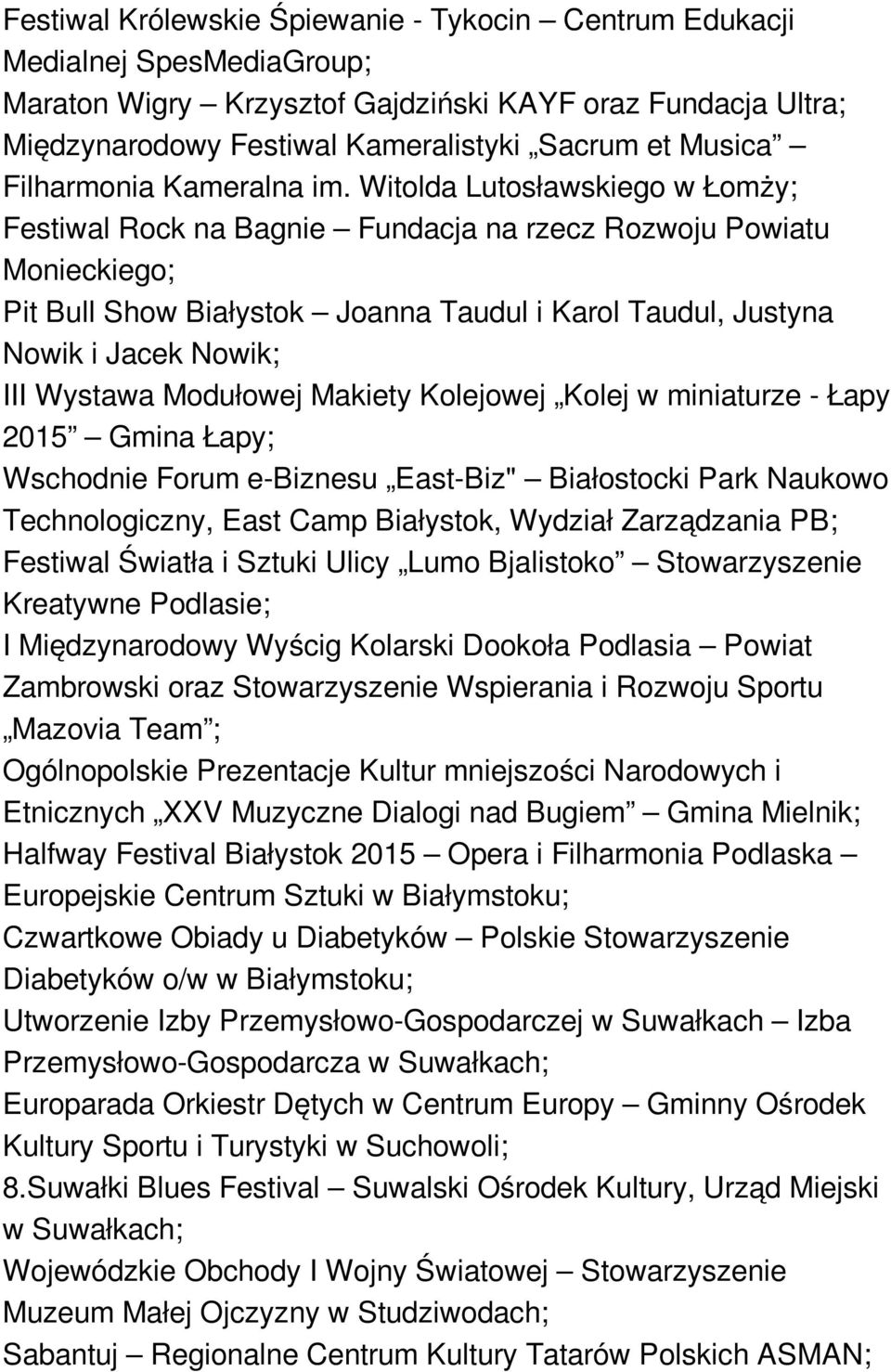 Witolda Lutosławskiego w Łomży; Festiwal Rock na Bagnie Fundacja na rzecz Rozwoju Powiatu Monieckiego; Pit Bull Show Białystok Joanna Taudul i Karol Taudul, Justyna Nowik i Jacek Nowik; III Wystawa