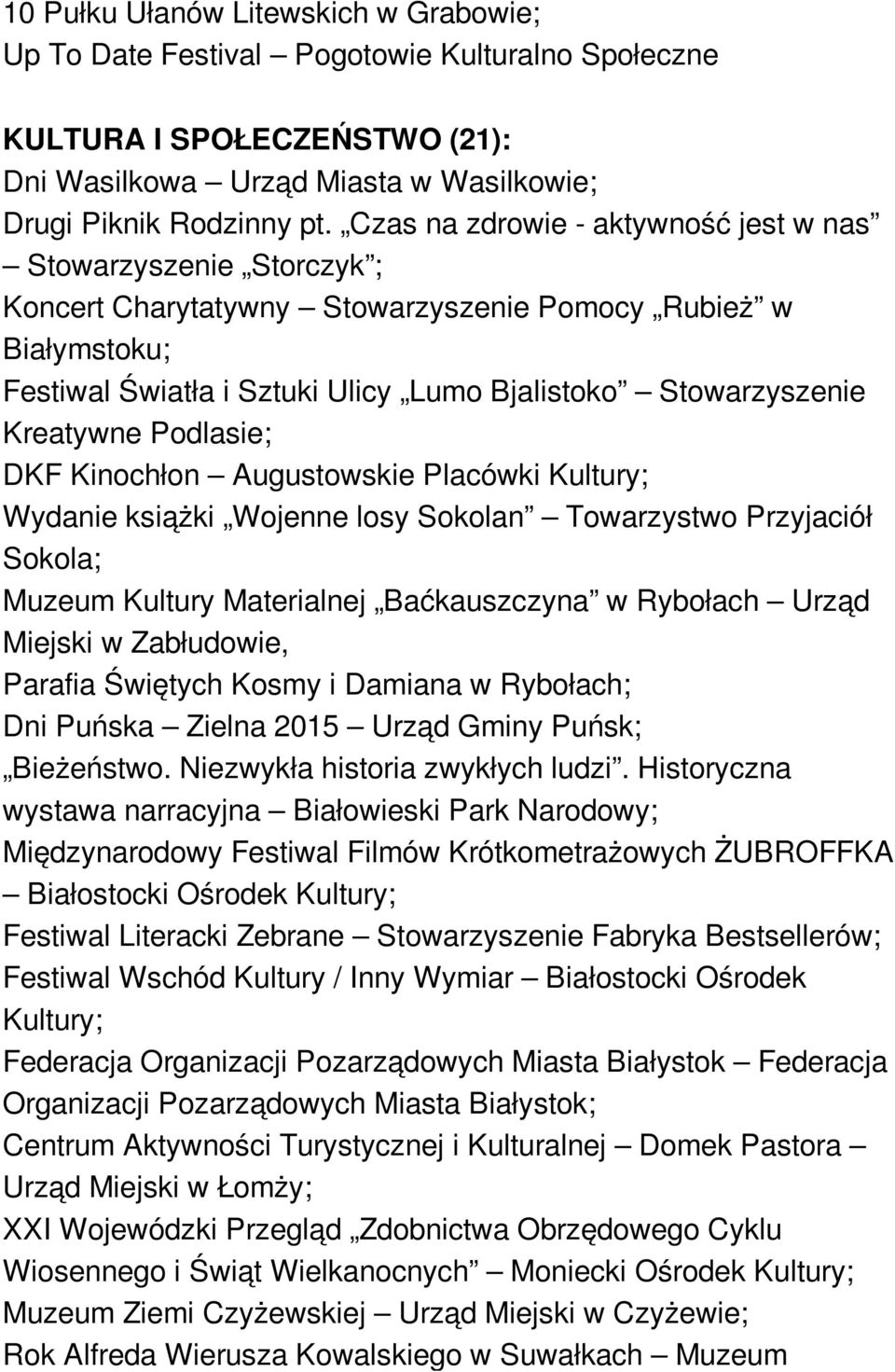 Czas na zdrowie - aktywność jest w nas Stowarzyszenie Storczyk ; Koncert Charytatywny Stowarzyszenie Pomocy Rubież w Białymstoku; Festiwal Światła i Sztuki Ulicy Lumo Bjalistoko Stowarzyszenie
