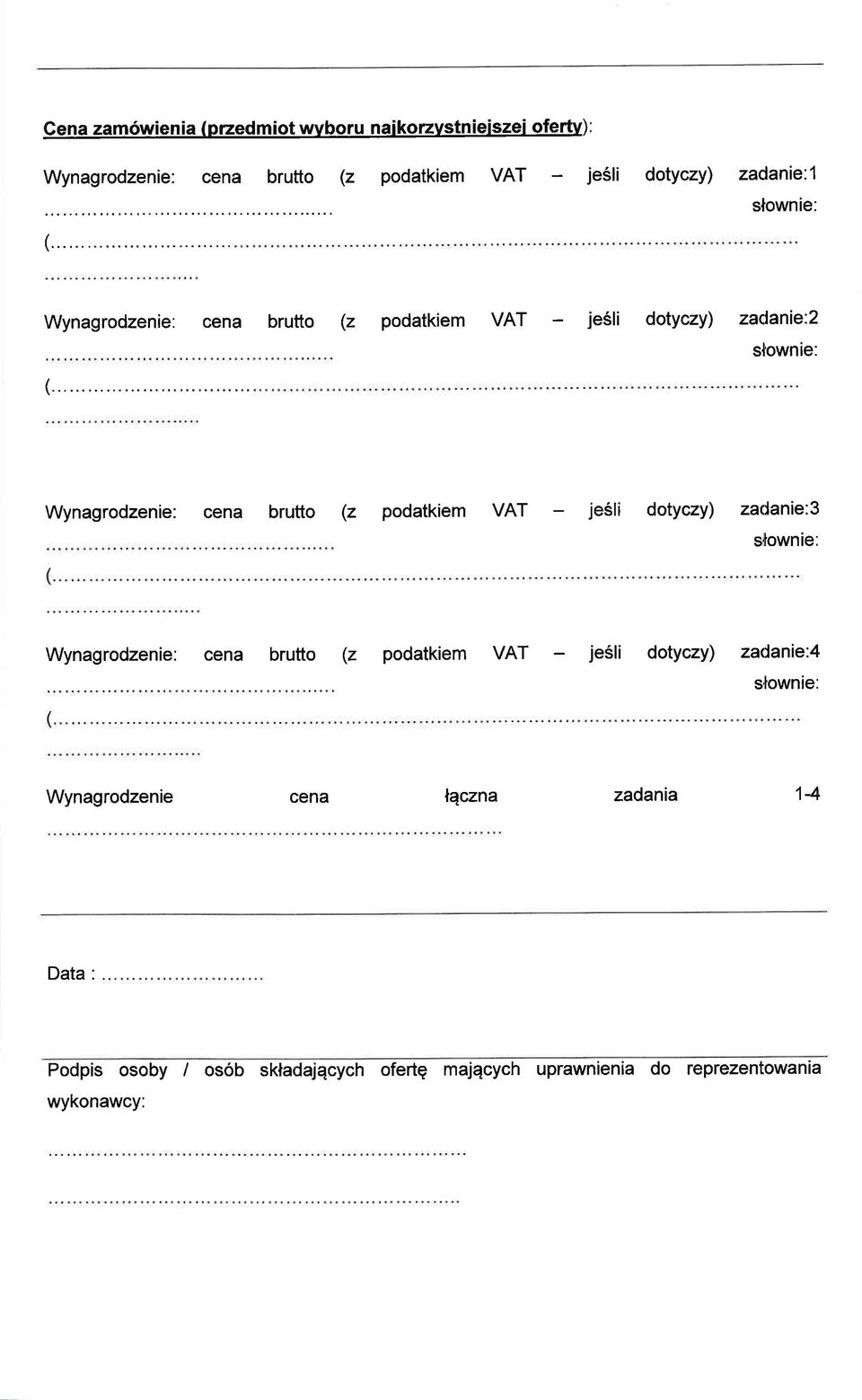 stownie: jesli dotyczy) zadanie:4 s,lownie: Wynagrodzenie cena lqczna zadania 14