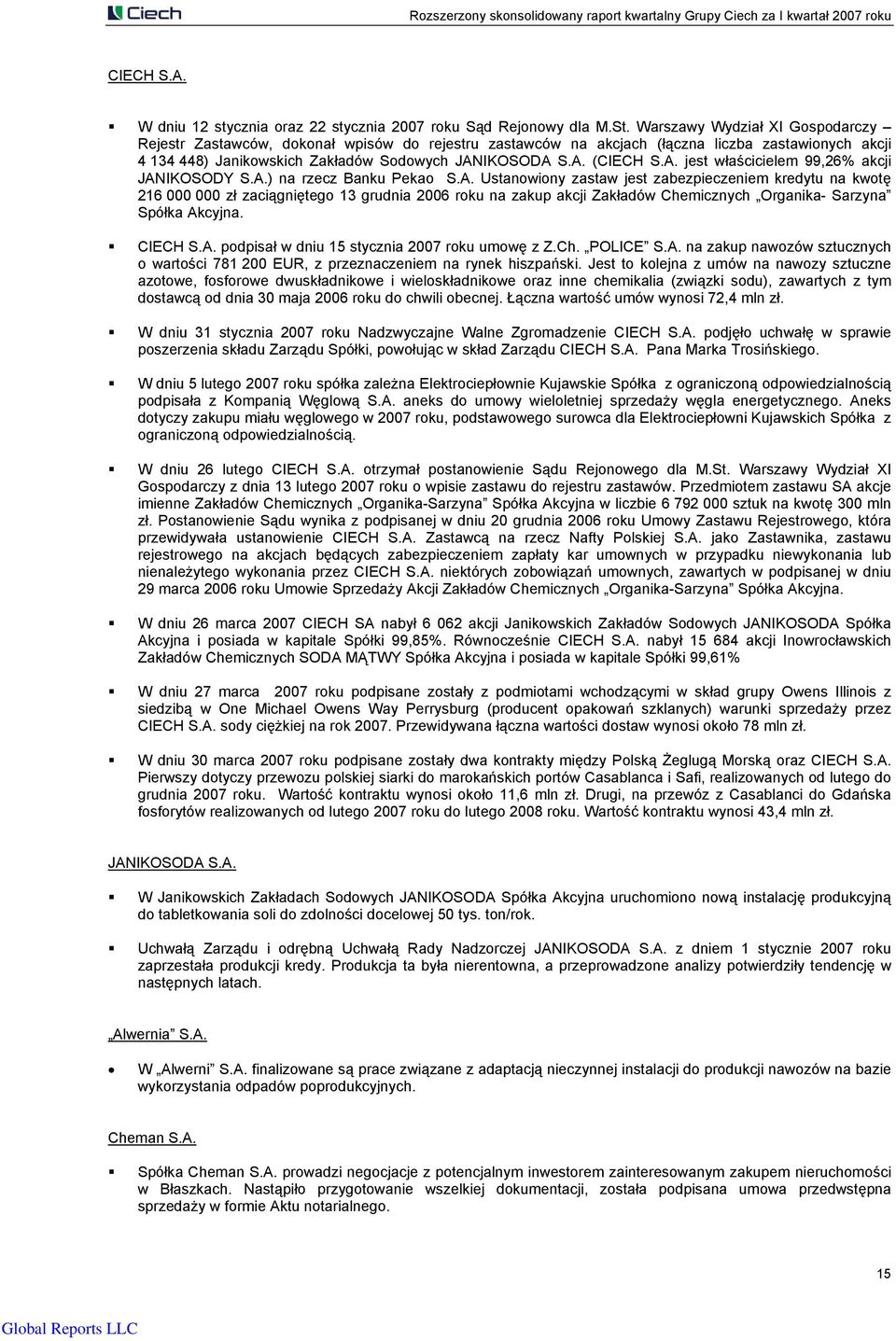 A. jest właścicielem 99,26% akcji JANIKOSODY S.A.) na rzecz Banku Pekao S.A. Ustanowiony zastaw jest zabezpieczeniem kredytu na kwotę 216 000 000 zł zaciągniętego 13 grudnia 2006 roku na zakup akcji Zakładów Chemicznych Organika Sarzyna Spółka Akcyjna.