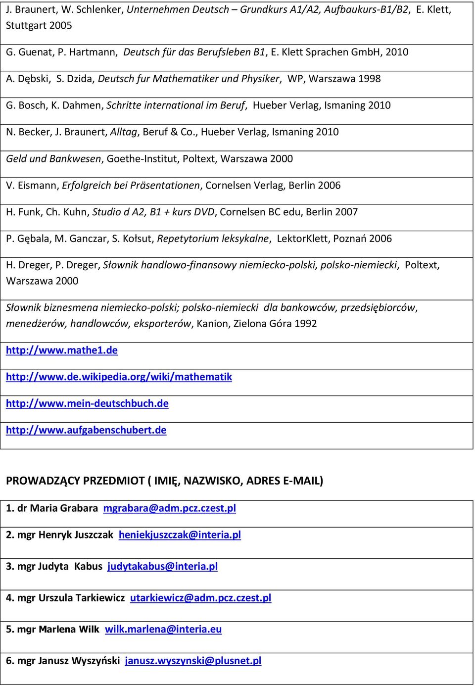 Braunert, Alltag, Beruf & Co., Hueber Verlag, Ismaning 2010 Geld und Bankwesen, Goethe-Institut, Poltext, Warszawa 2000 V. Eismann, Erfolgreich bei Präsentationen, Cornelsen Verlag, Berlin 2006 H.