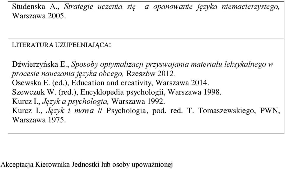 ), Education and creativity, Warszawa 2014. Szewczuk W. (red.), Encyklopedia psychologii, Warszawa 1998. Kurcz I.