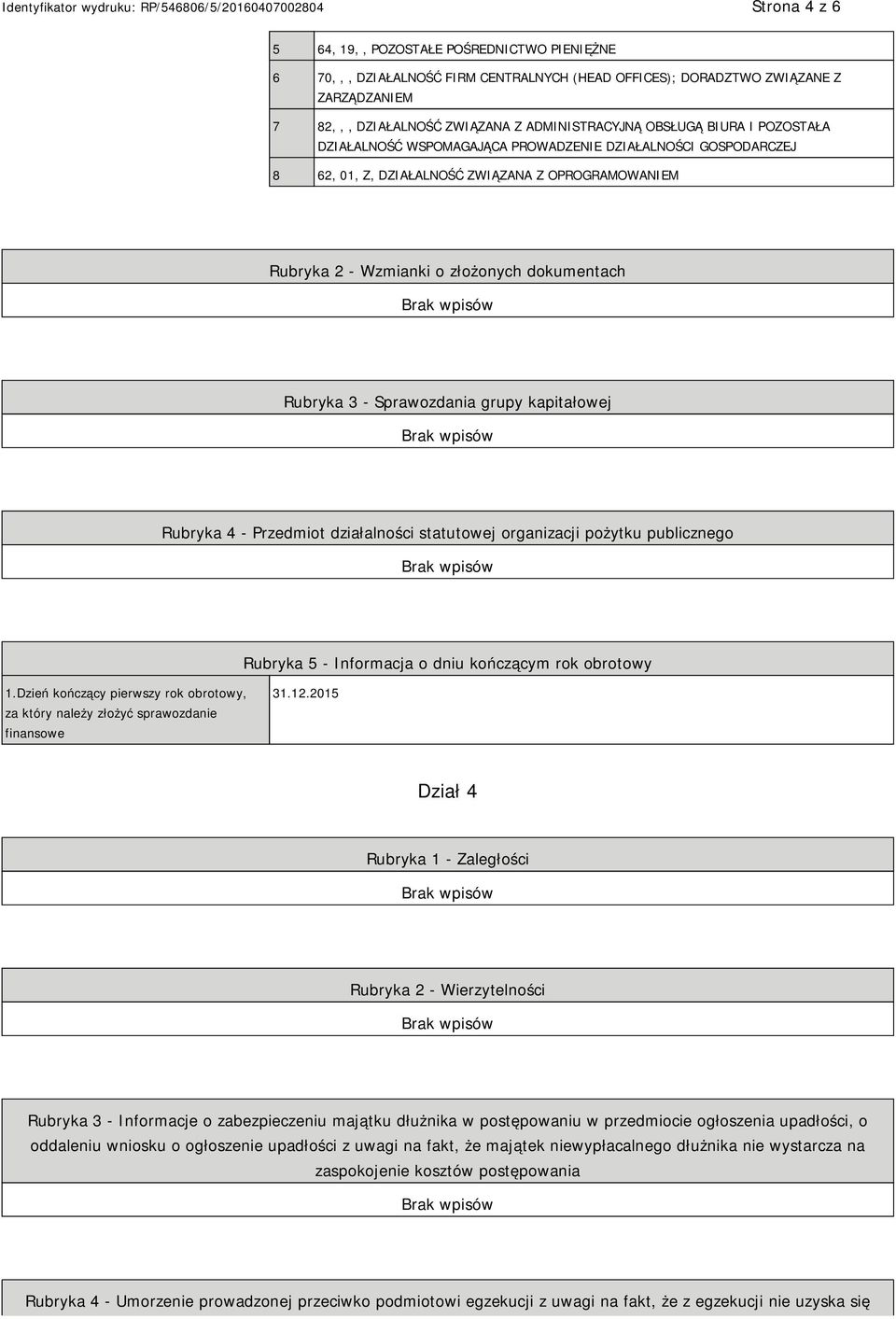 Sprawozdania grupy kapitałowej Rubryka 4 - Przedmiot działalności statutowej organizacji pożytku publicznego Rubryka 5 - Informacja o dniu kończącym rok obrotowy 1.