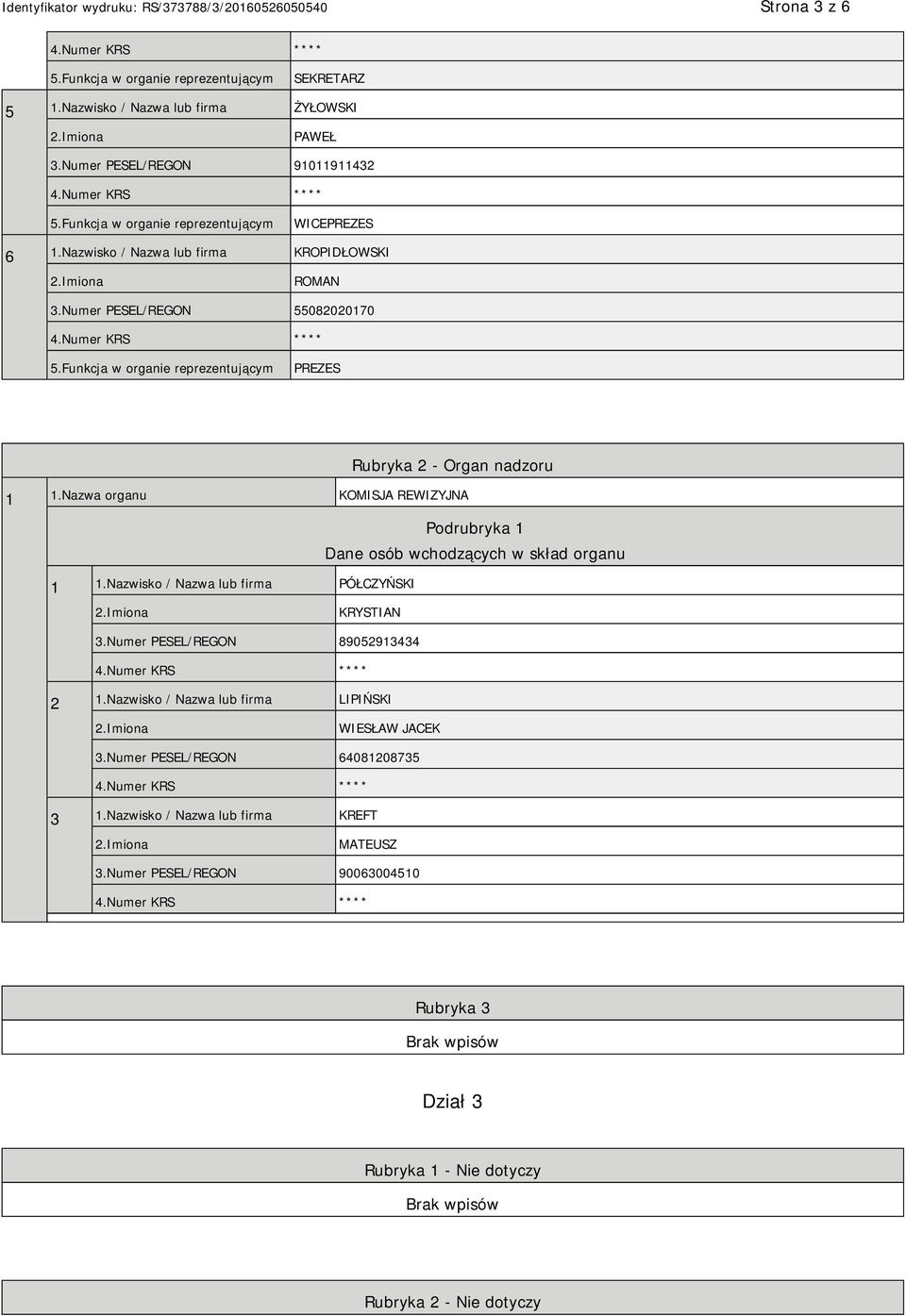 Nazwa organu KOMISJA REWIZYJNA Podrubryka 1 Dane osób wchodzących w skład organu 1 1.Nazwisko / Nazwa lub firma PÓŁCZYŃSKI KRYSTIAN 3.