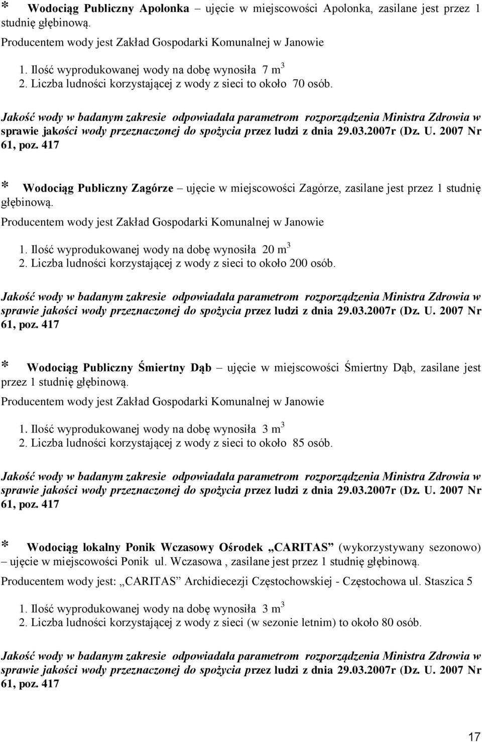 Ilość wyprodukowanej wody na dobę wynosiła 20 m 3 2. Liczba ludności korzystającej z wody z sieci to około 200 osób. 61, poz.