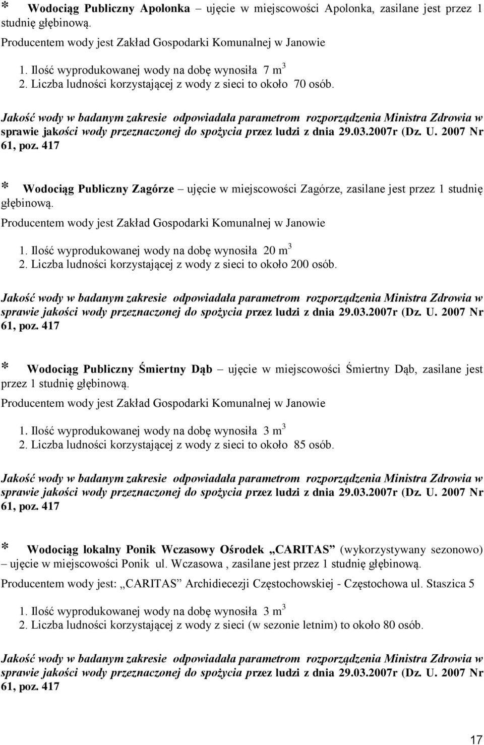 Ilość wyprodukowanej wody na dobę wynosiła 20 m 3 2. Liczba ludności korzystającej z wody z sieci to około 200 osób. 61, poz.