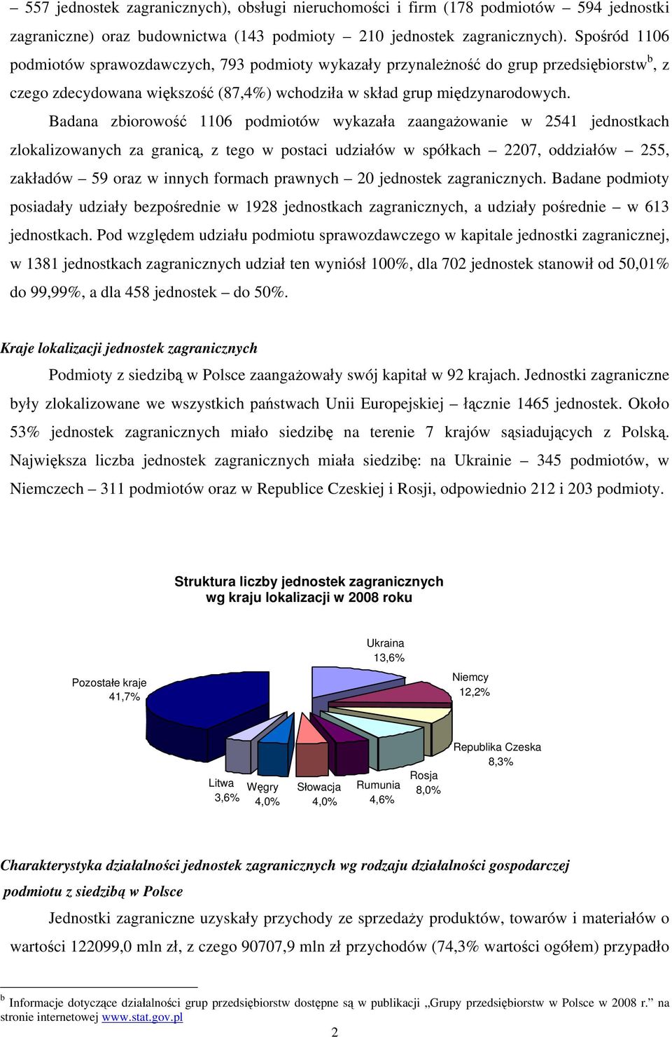 Badana zbiorowość 1106 podmiotów wykazała zaangażowanie w 2541 jednostkach zlokalizowanych za granicą, z tego w postaci udziałów w spółkach 2207, oddziałów 255, zakładów 59 oraz w innych formach