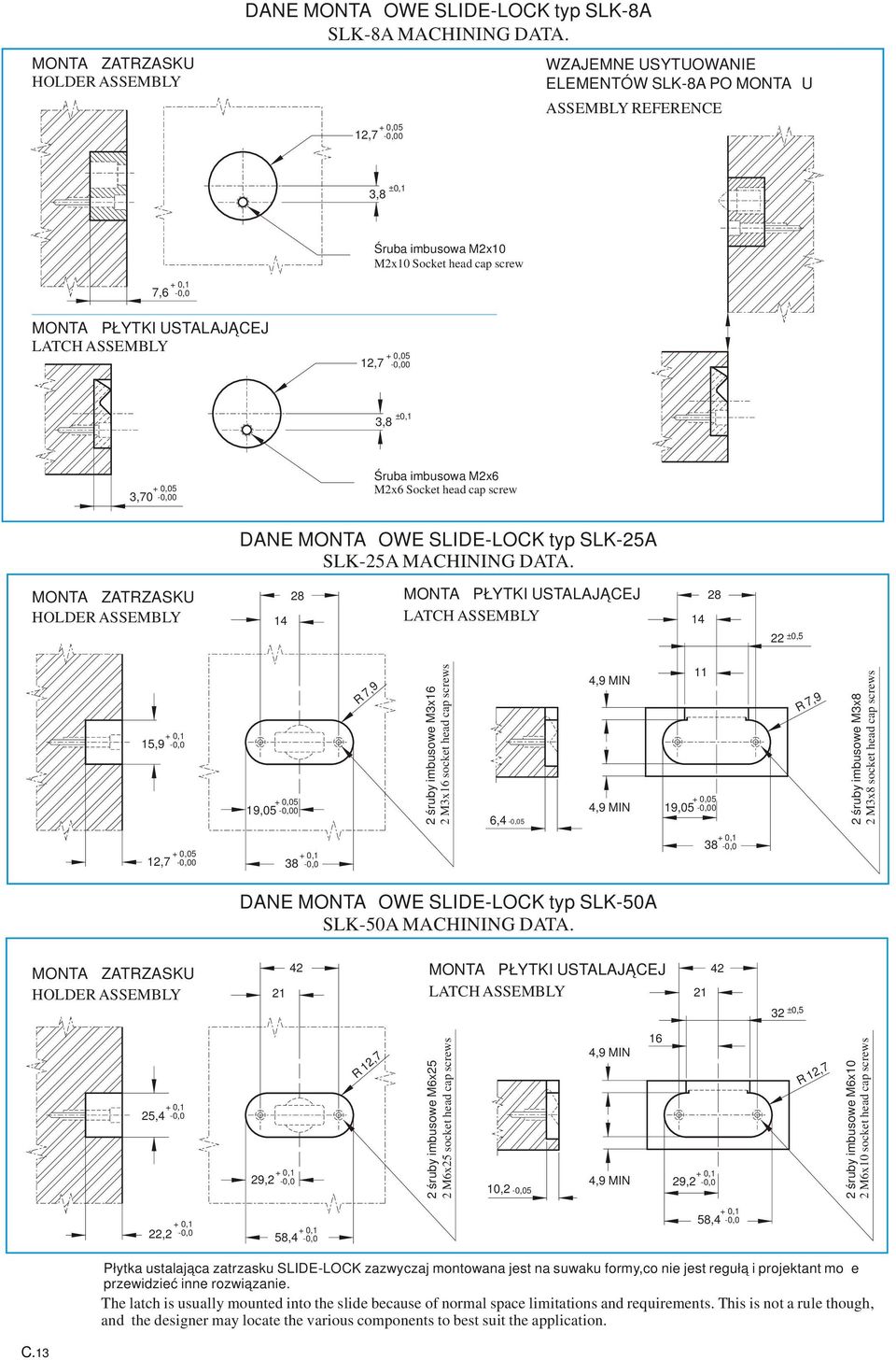 +0,05-0,00 ±0,1 3, +0,05 3,70-0,00 Śruba imbusowa M2x M2x Socket head cap screw DANE MONTAŻOWE SLIDE-LOCK typ SLK-A SLK-A MACHINING DATA.