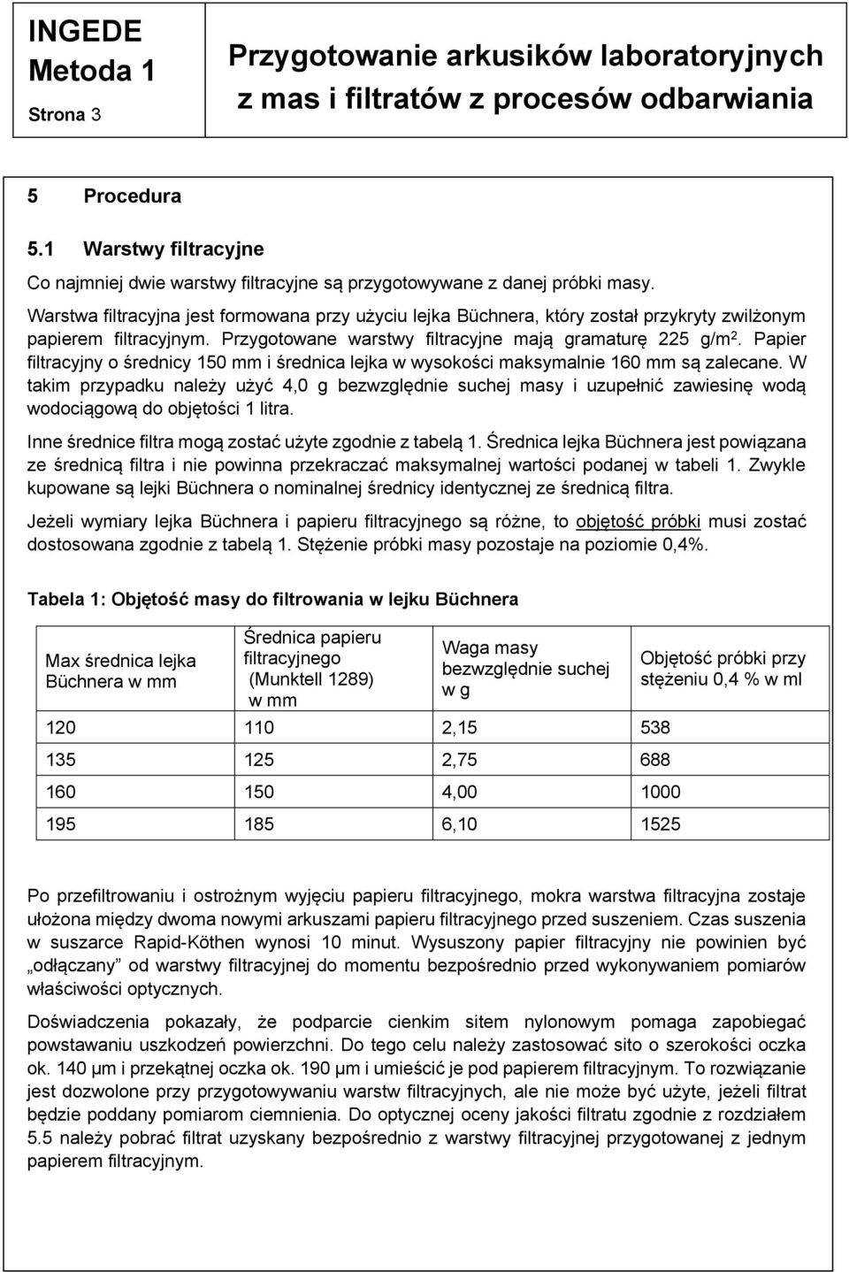Papier filtracyjny o średnicy 150 mm i średnica lejka w wysokości maksymalnie 160 mm są zalecane.